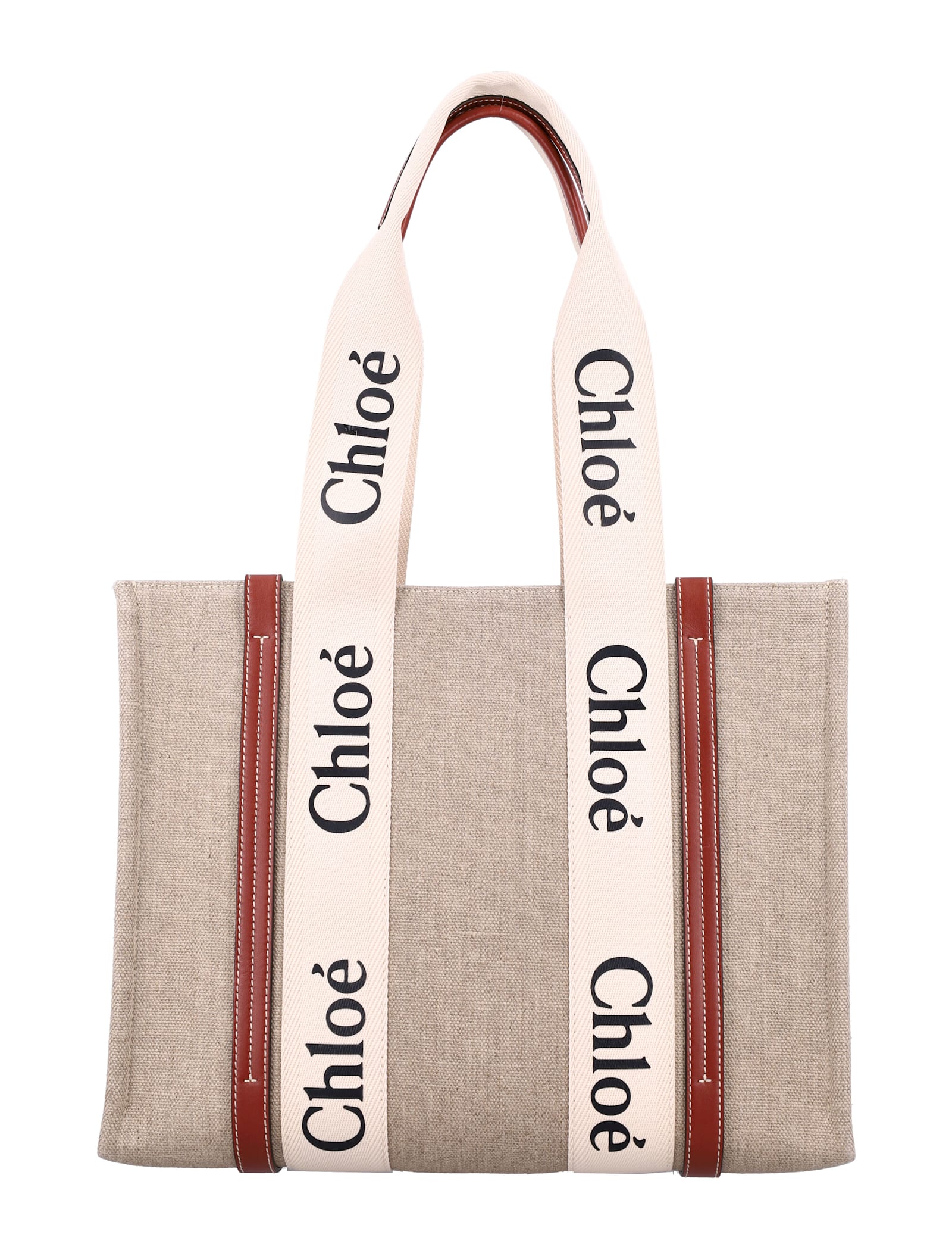 Shop Chloé Linen Woody Tote Bag In White - Brown 1