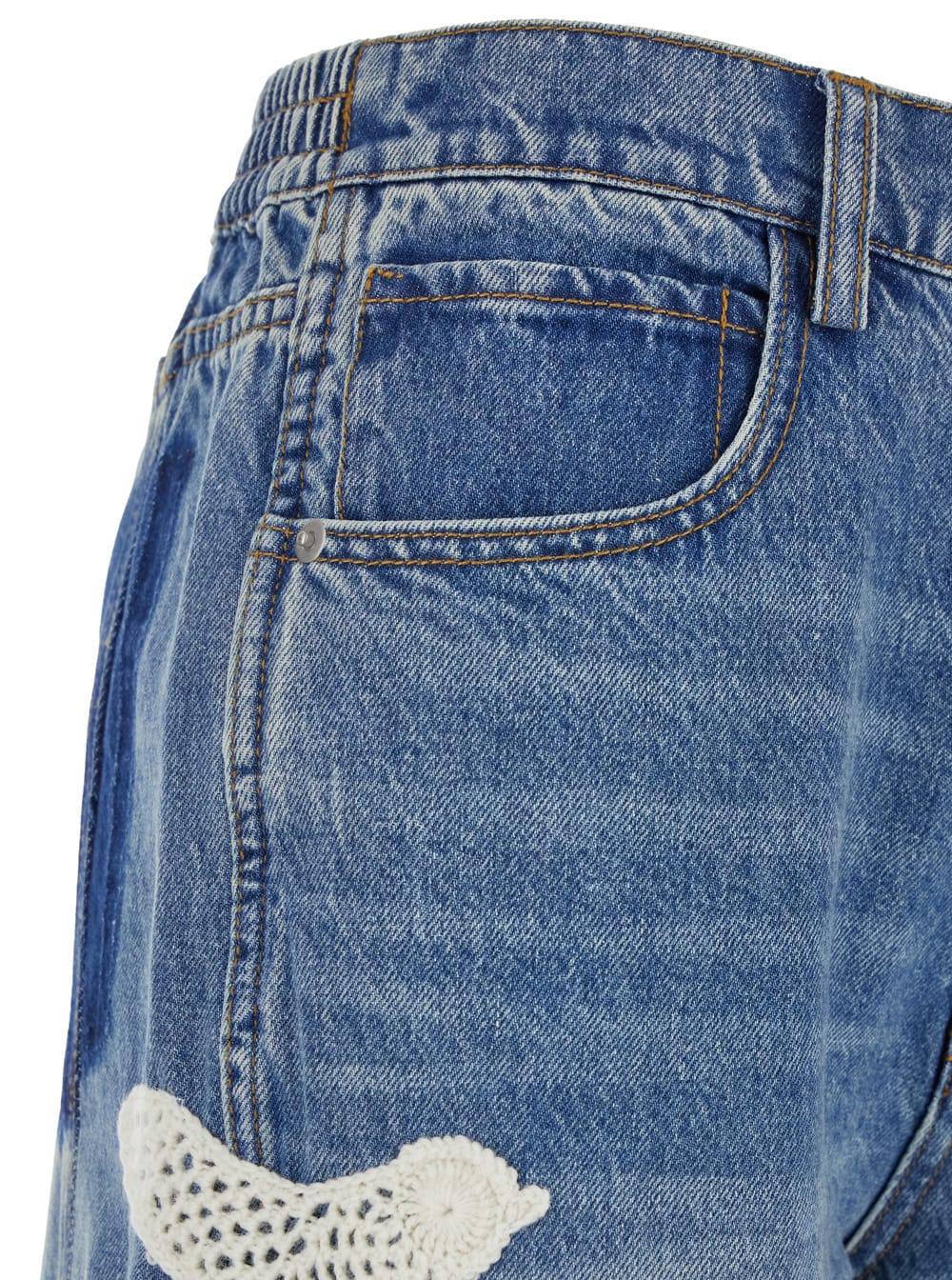 Sea New York Payton Blue Jeans With All-over Crochet Birds In Cotton Blend Woman In Blu