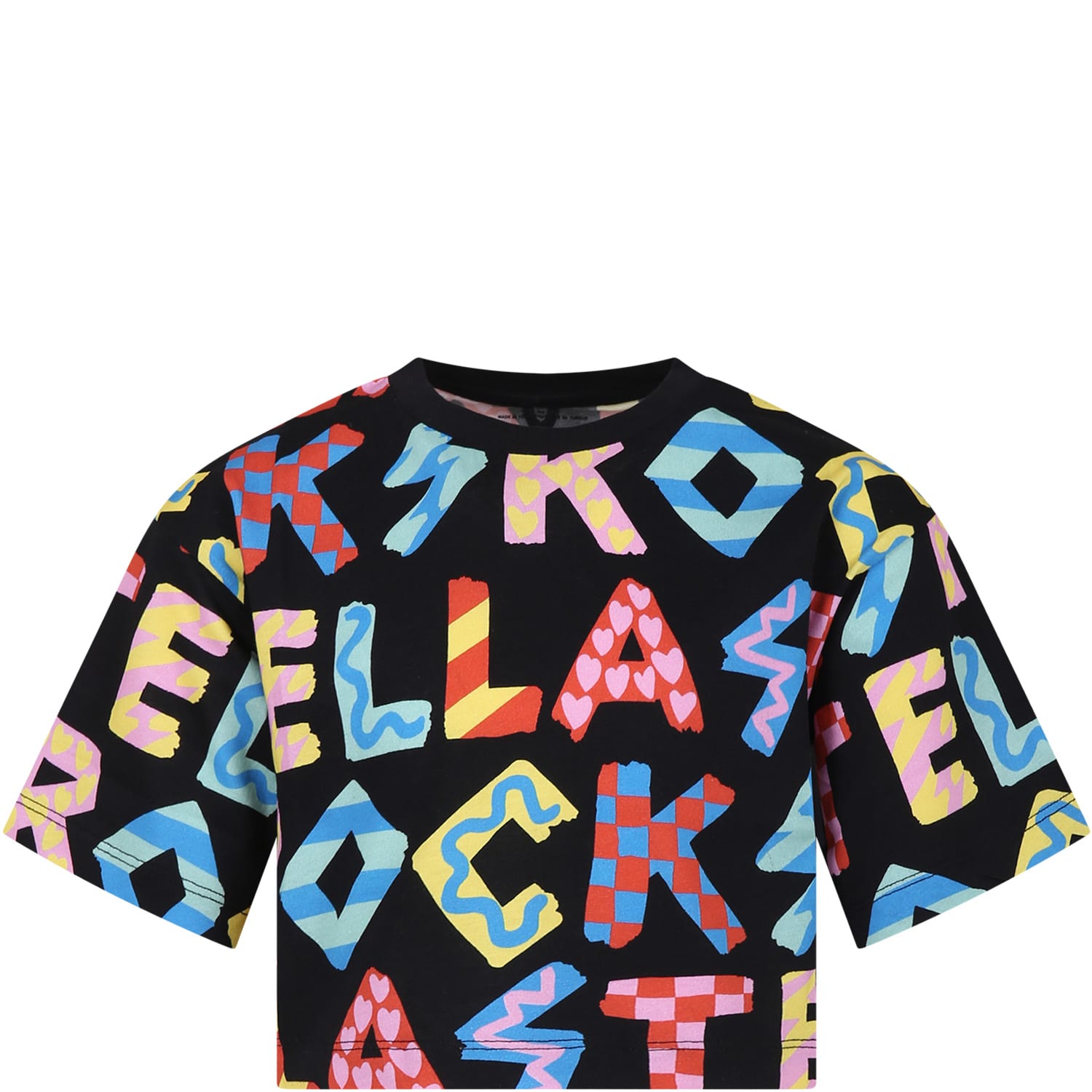 Stella Mccartney Kids' Black T-shirt For Girl With All-over Multicolor Print