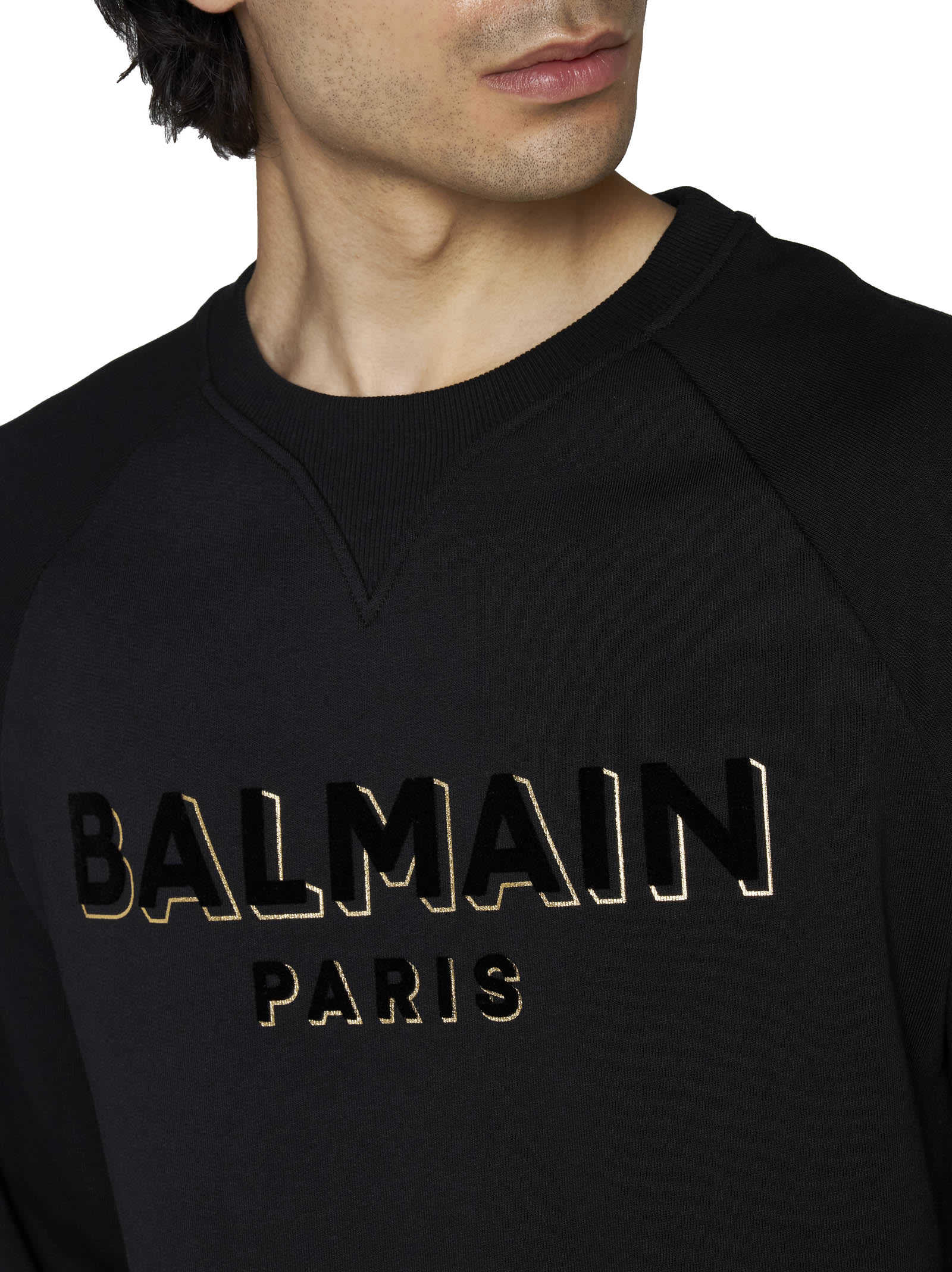 Balmain Flocked Logo Sweatshirt With Metallic Accents In Noir Noir Or