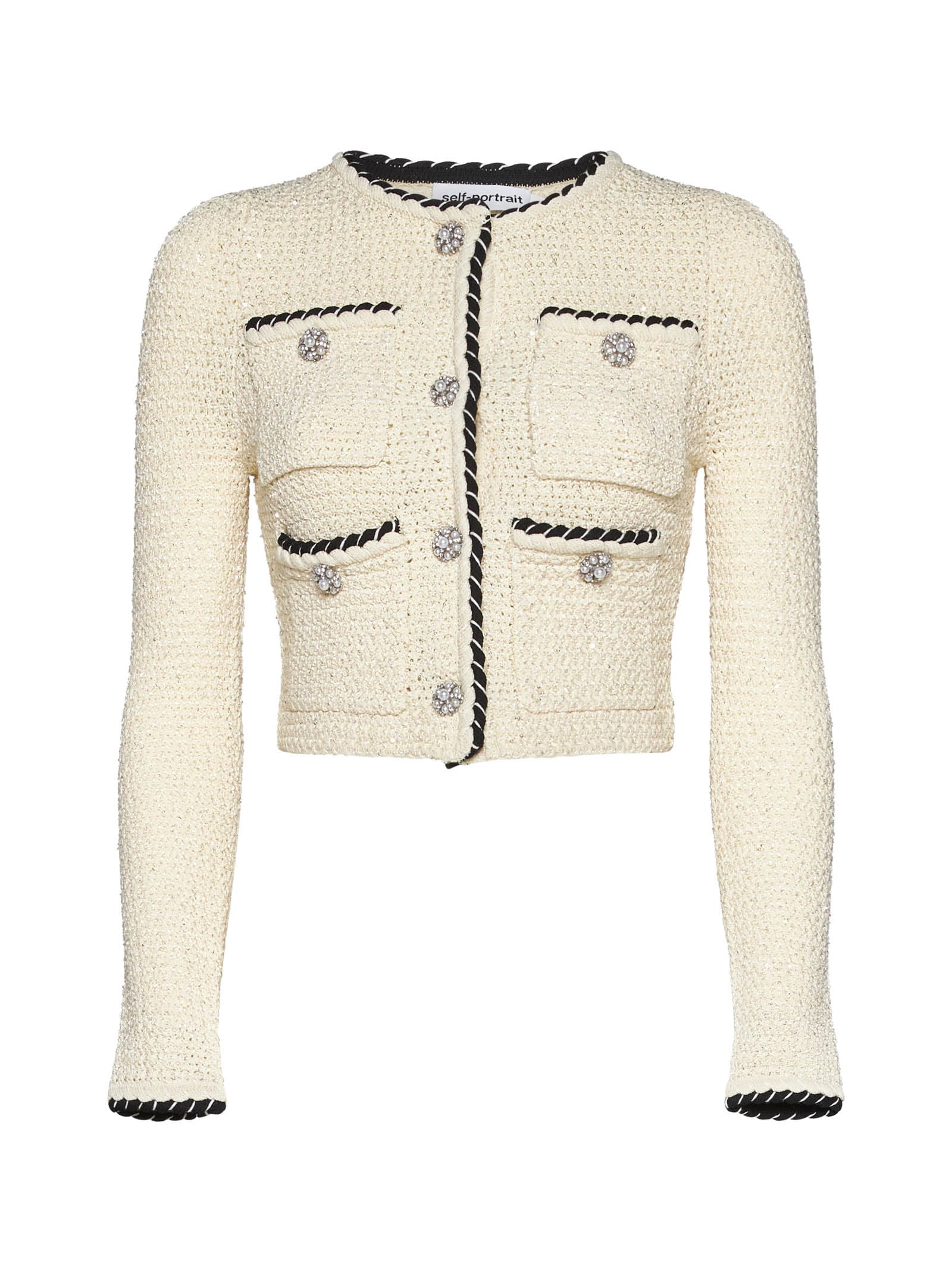 Self-portrait Sequin Crystal Faux Pearl Embellished Knit Cropped Cardigan In Cream