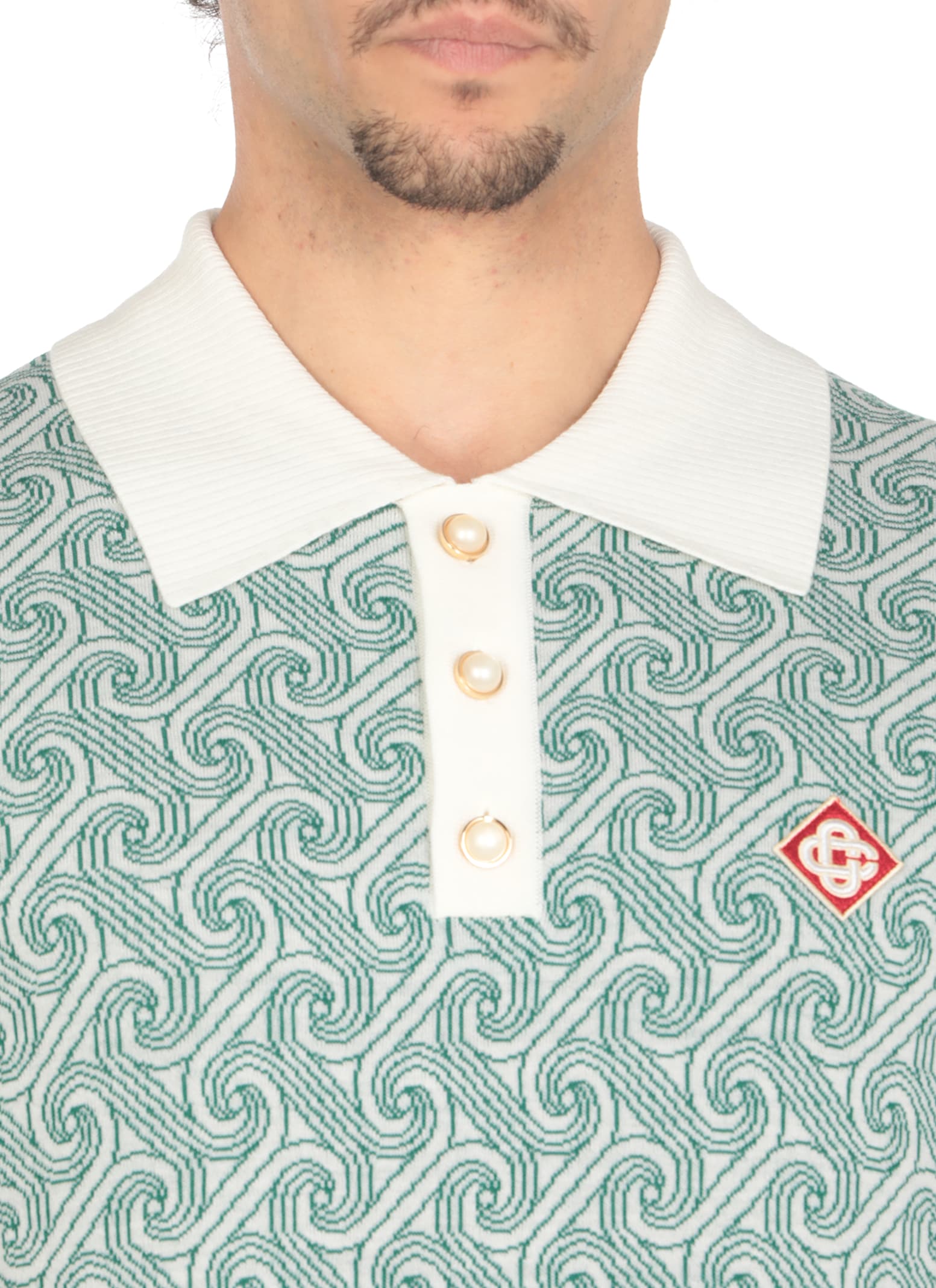 Shop Casablanca Column Jacquard Monogram Polo Shirt In Green