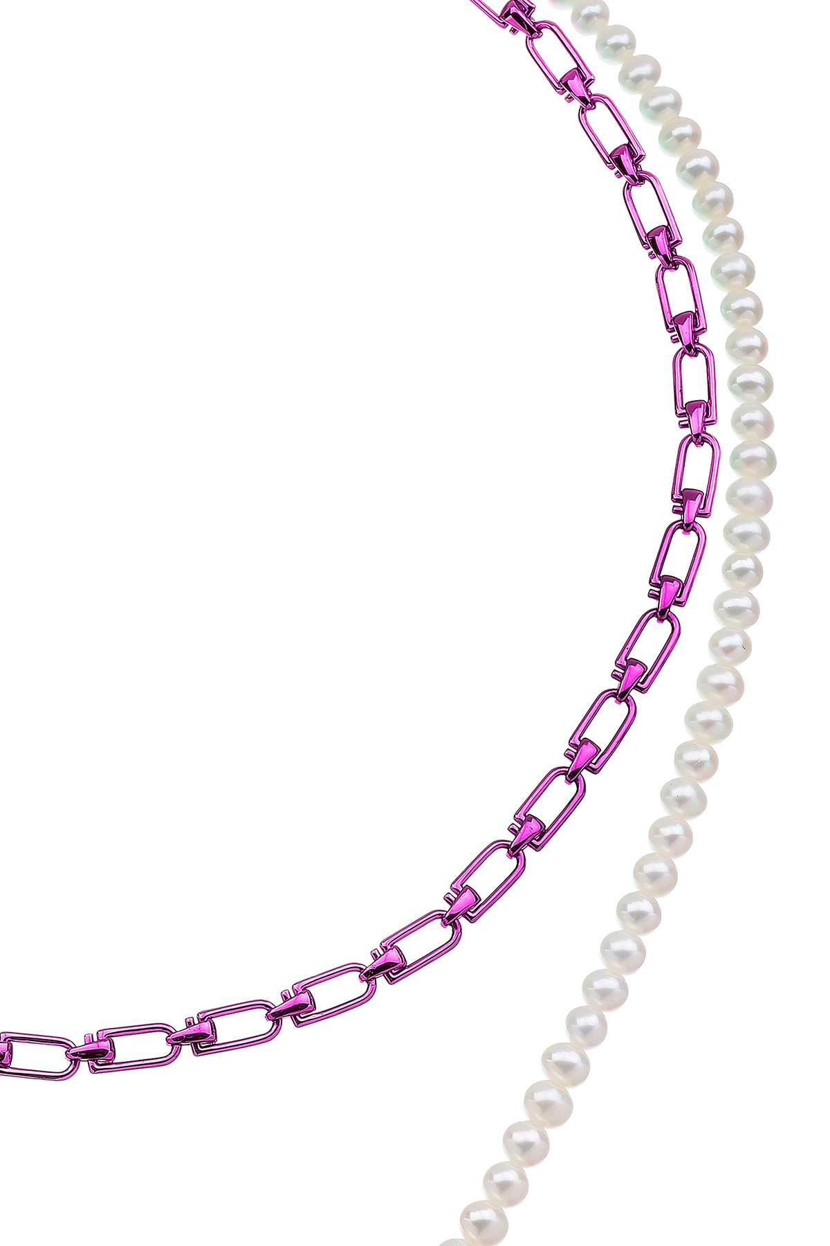 Shop Eéra Reine Double Necklace With Pearls In Silver Fuchsia (white)