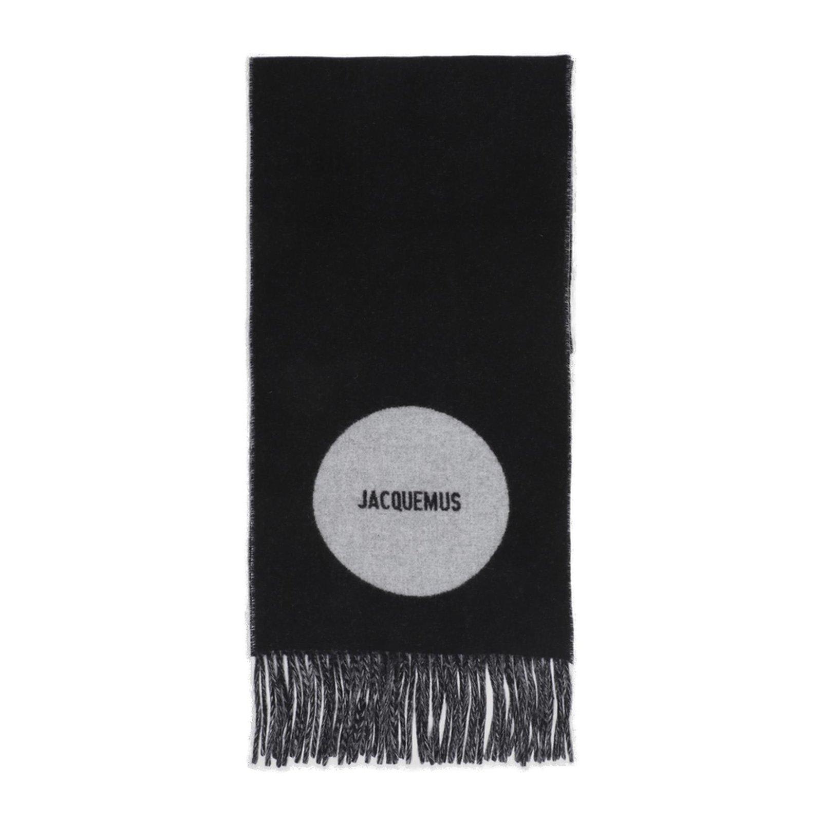 Shop Jacquemus Logo Detailed Fringed Scarf In Black/grey