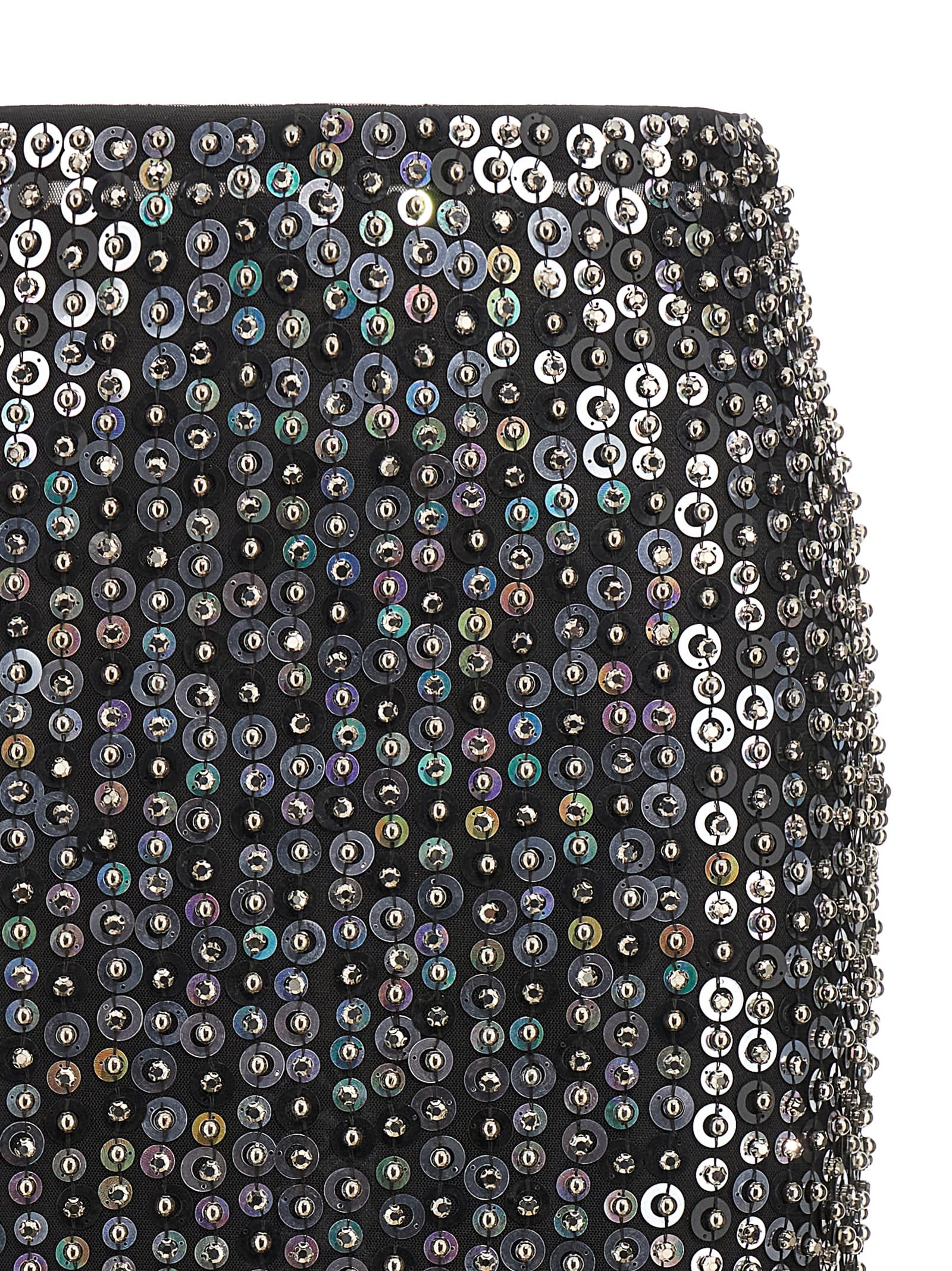 Pinko Fringed Black Sequined Midi Skirt With Removable Underskirt In Metallic