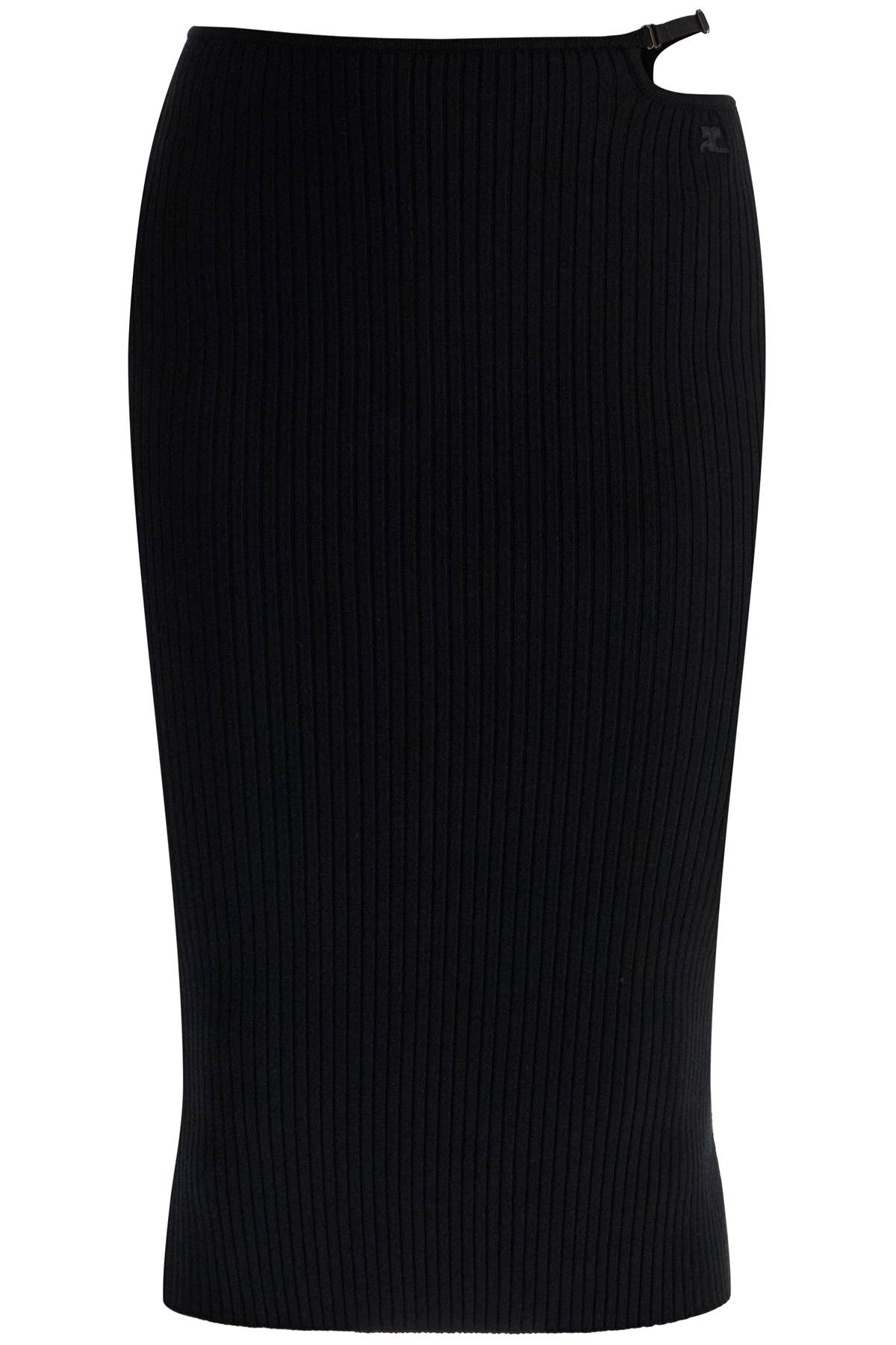 Courrèges Black Midi Skirt In Viscose And Polyester With Vertical Ribs