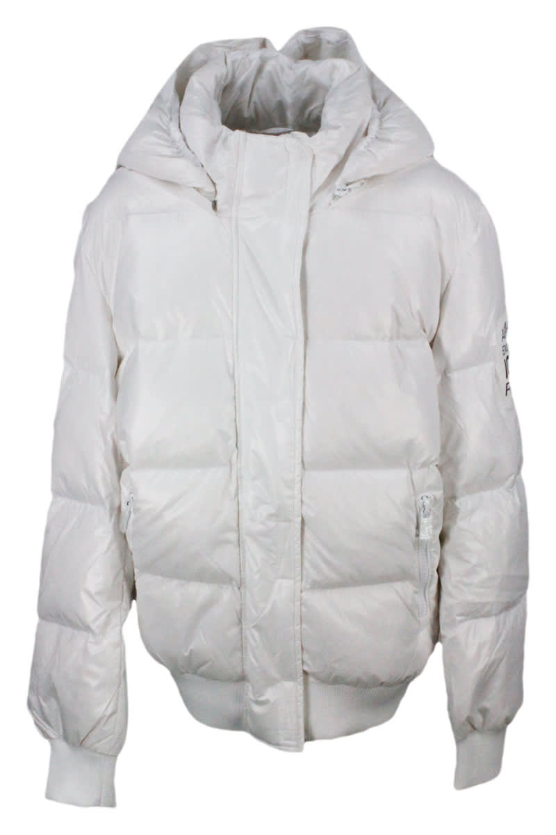 Armani Collezioni Real Goose Down Bomber Jacket With Removable Hood And Zip Closure With Knitted Cuffs And Bottom
