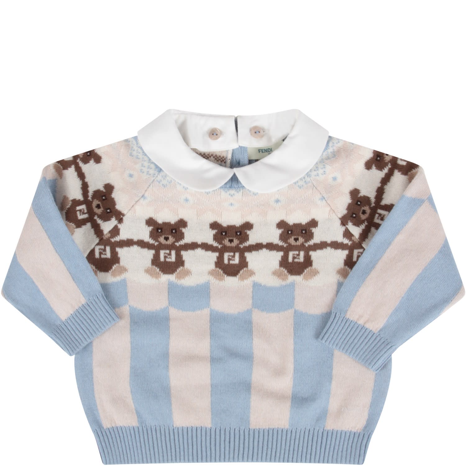 Fendi Light Blue And Beige Sweater With Bears For Baby Boy In Azzurro