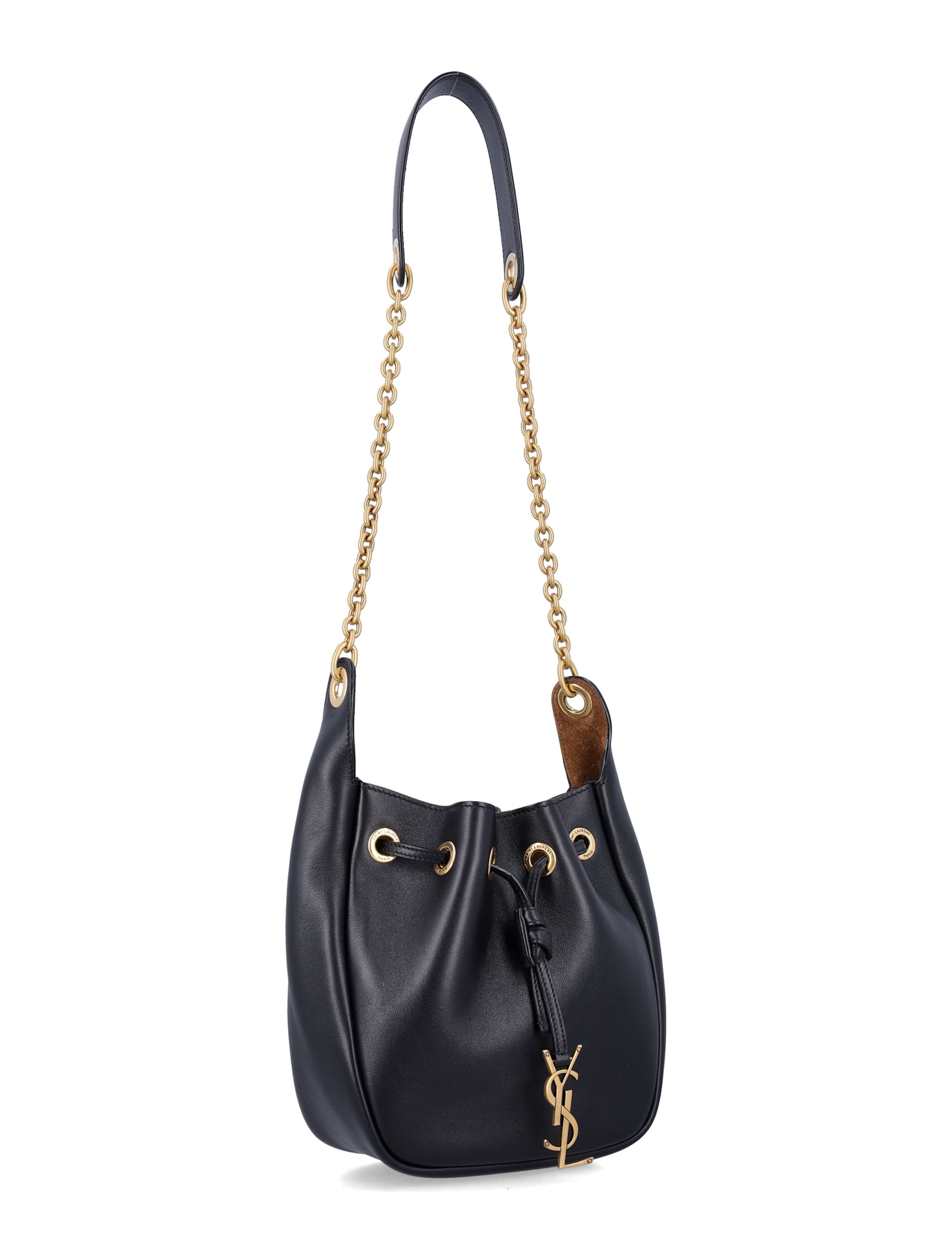 Saint Laurent Black Leather Supple Bucket Bag With Chain In Black