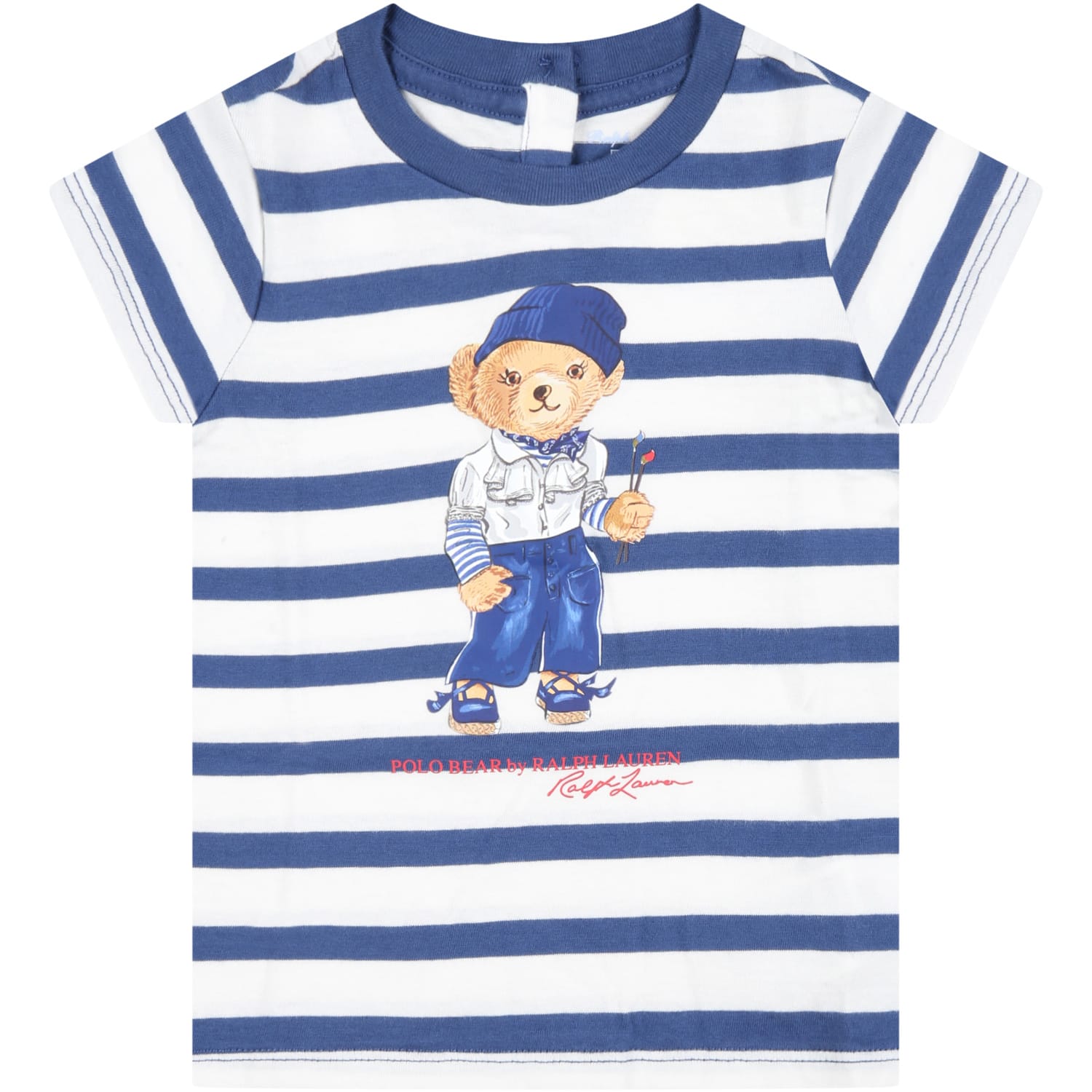 RALPH LAUREN MULTICOLO T-SHIRT FOR BABY GIRL WITH POLO BEAR AND RED LOGO