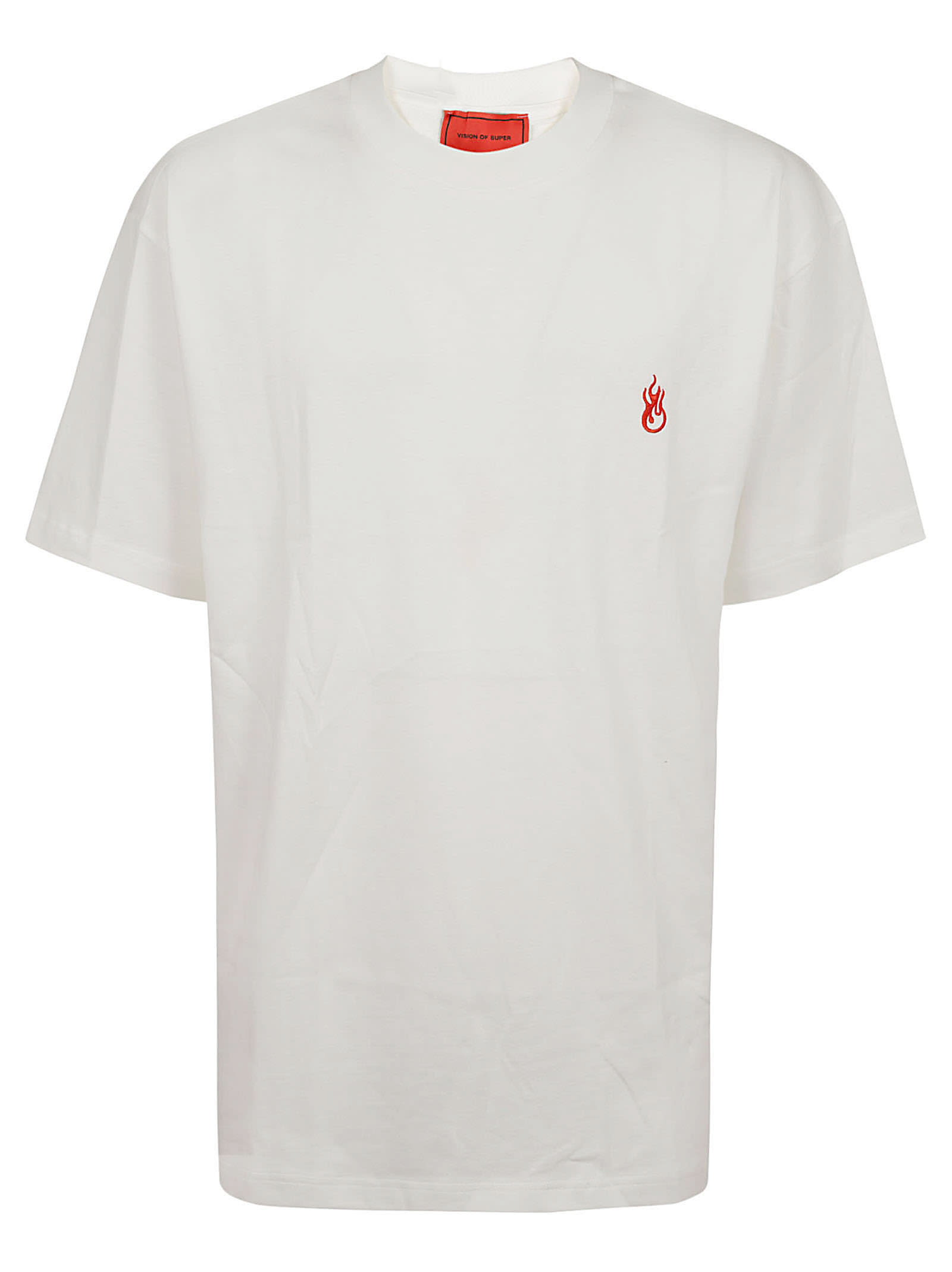 White T-shirt With Flames Logo And Metal Label