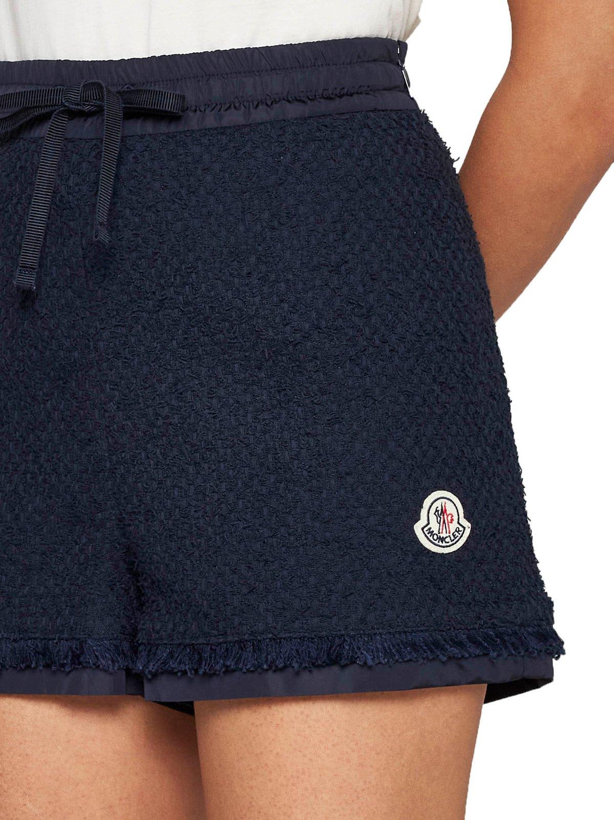 Shop Moncler Logo Patch Tweed Shorts In Blue