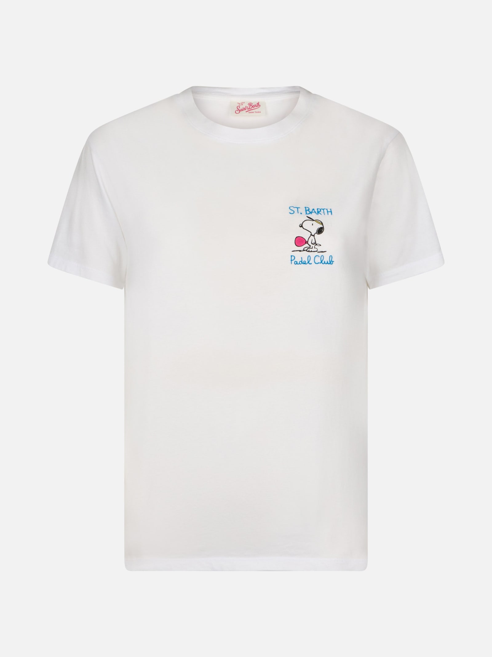 Mc2 Saint Barth Woman Pink Cotton Jersey Crewneck T-shirt Emilie With Snoopy St. Barth Padel Club Embroidery Snoopy In White
