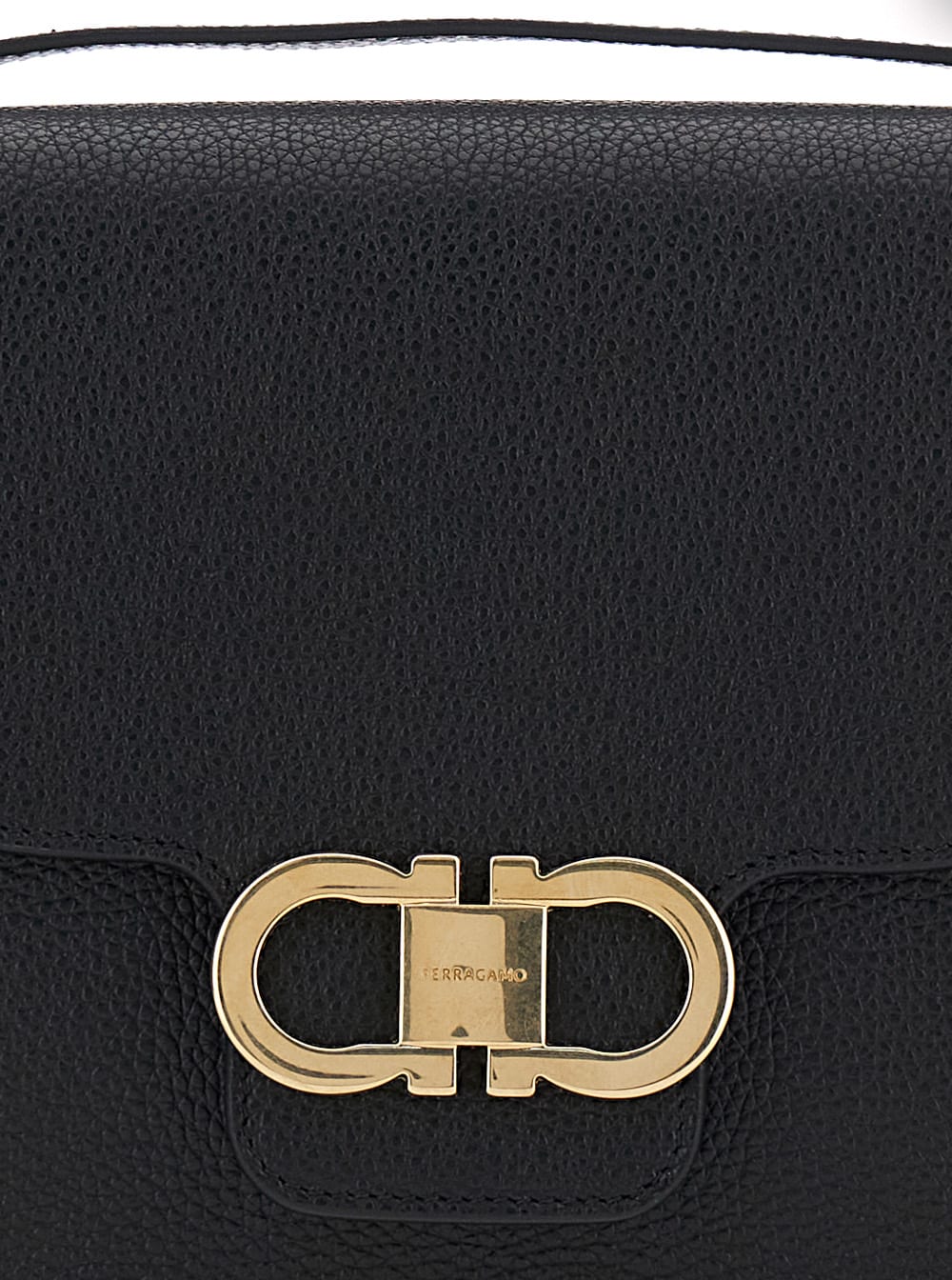 Shop Ferragamo Black Crossbody Bag With Double Gancini Plaque On The Front In Grained Leather Woman