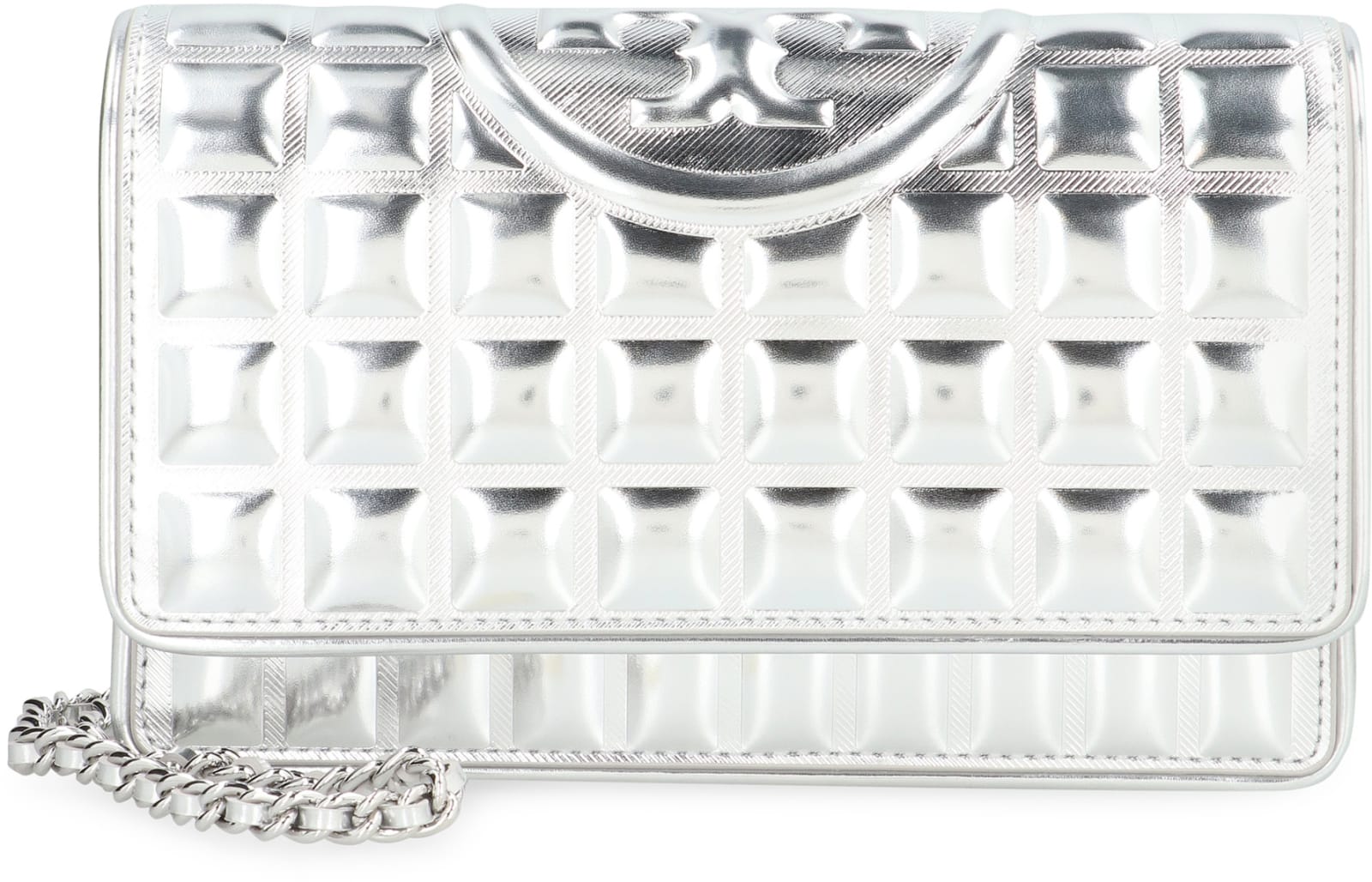 Tory Burch Fleming Leather Wallet On Chain In Silver