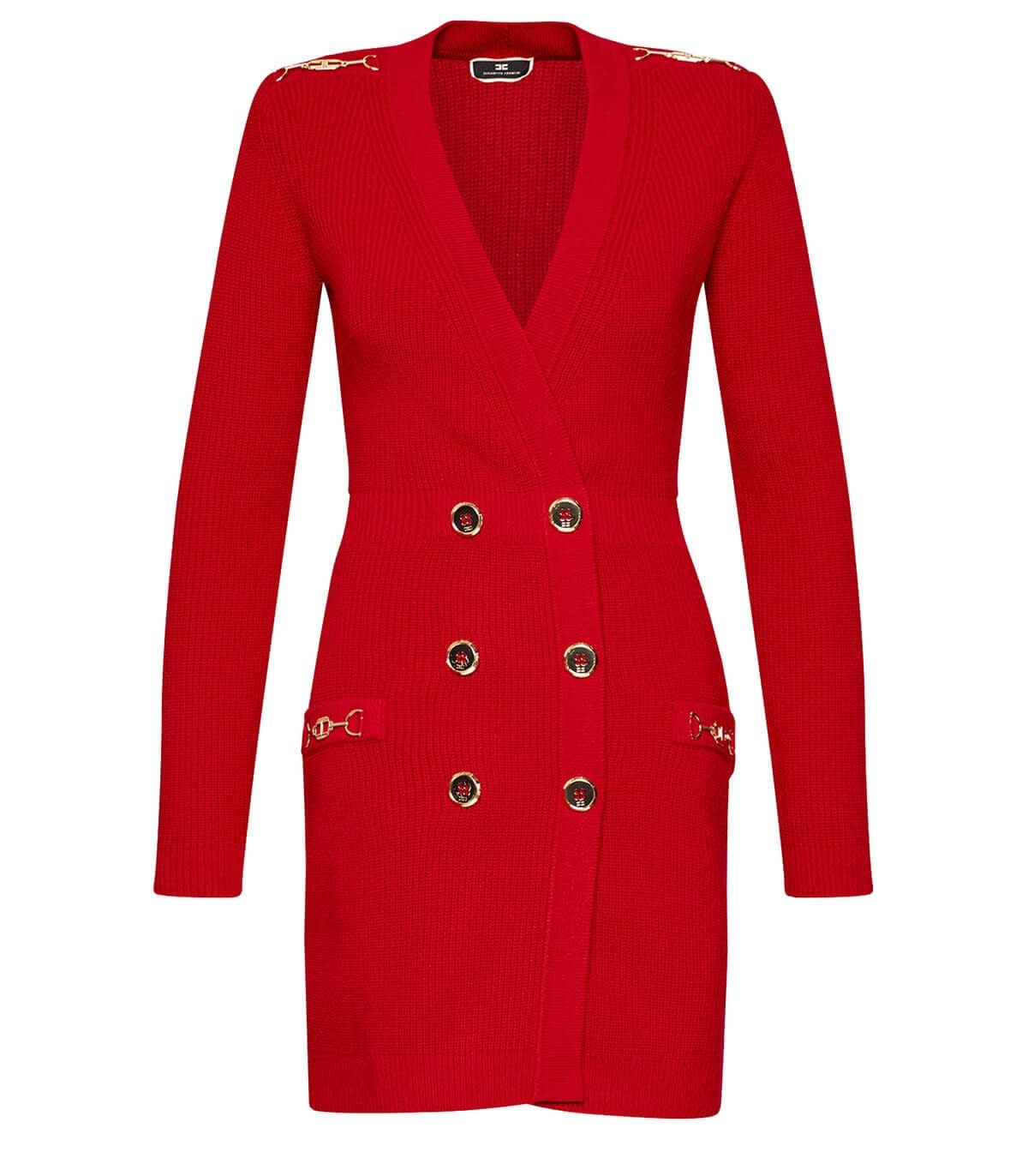 Elisabetta Franchi Red Ribbed Knit Coat Dress