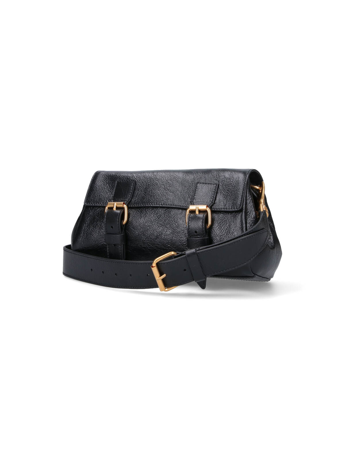 Dries Van Noten Textured Leather Shoulder Bag With Gold-tone Buckle Closure In Black