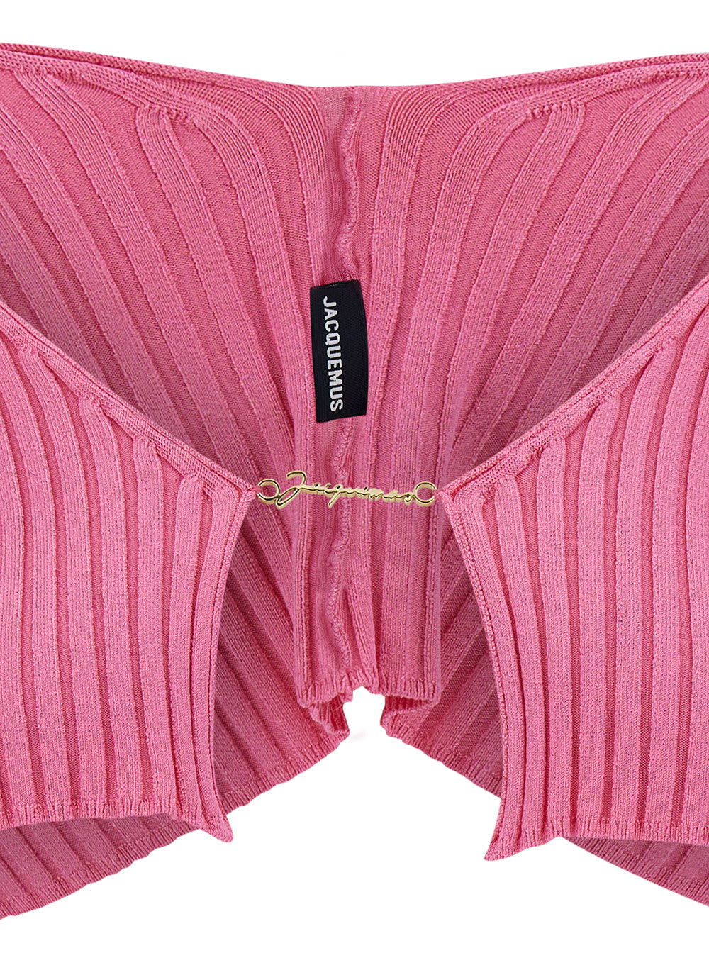 Shop Jacquemus La Maille Pralù Pink Cropped Cardigan With Golden Logo In Stretch Viscose Woman