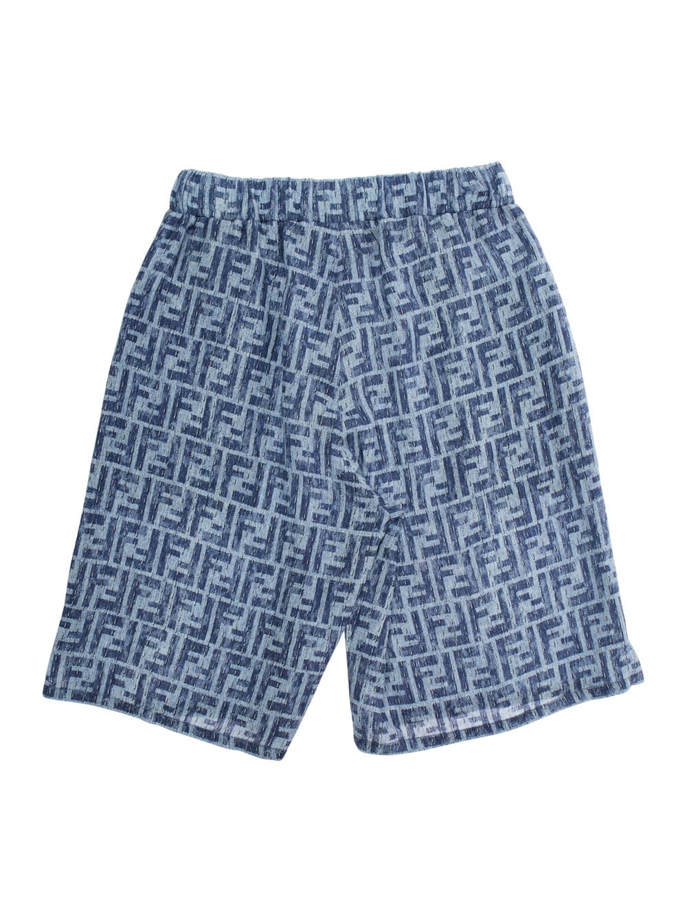 Fendi Blue Bermuda Pants With Elastic Waist And All-over Ff Logo Print In Linen Boy In Blue