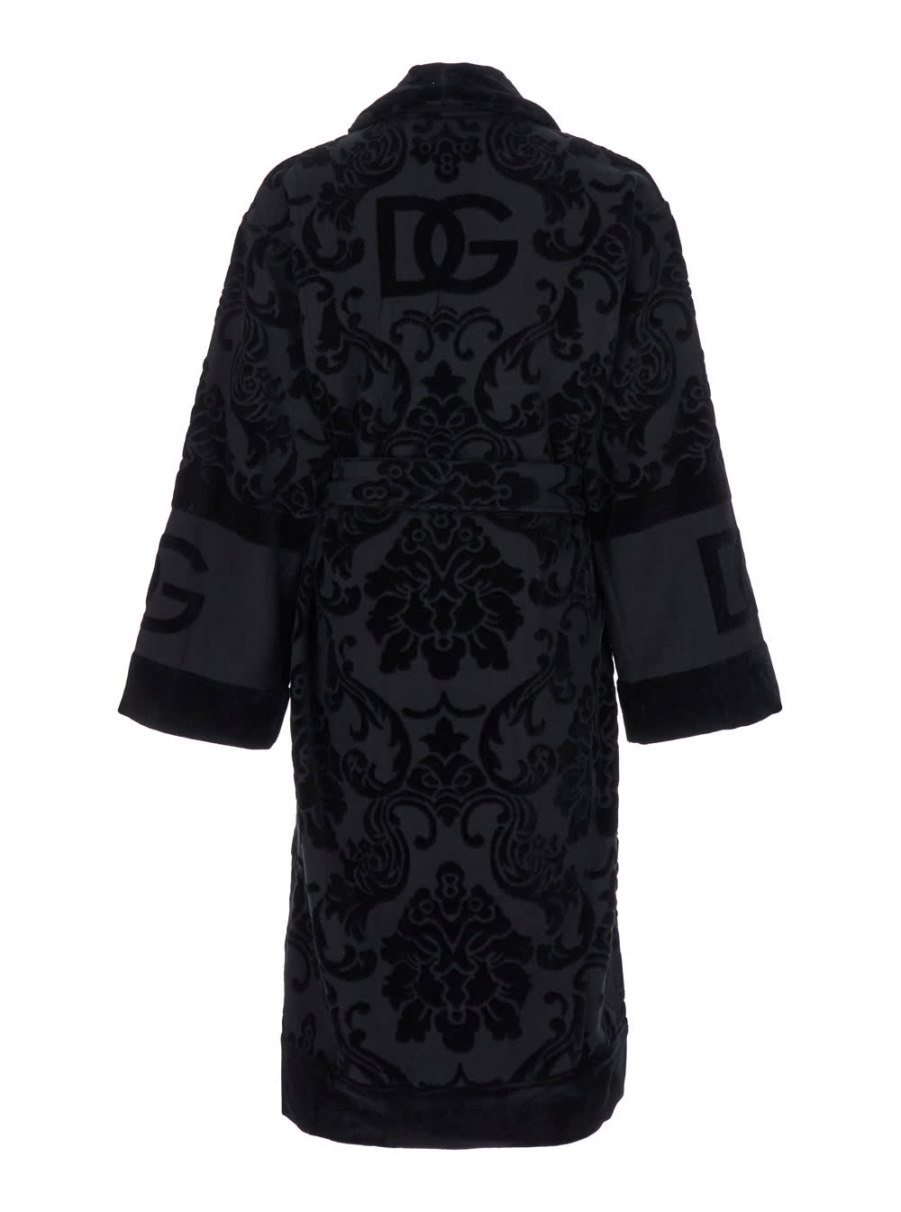 Black Bath Robe With Matching Belt In Terry Cotton Jacquard