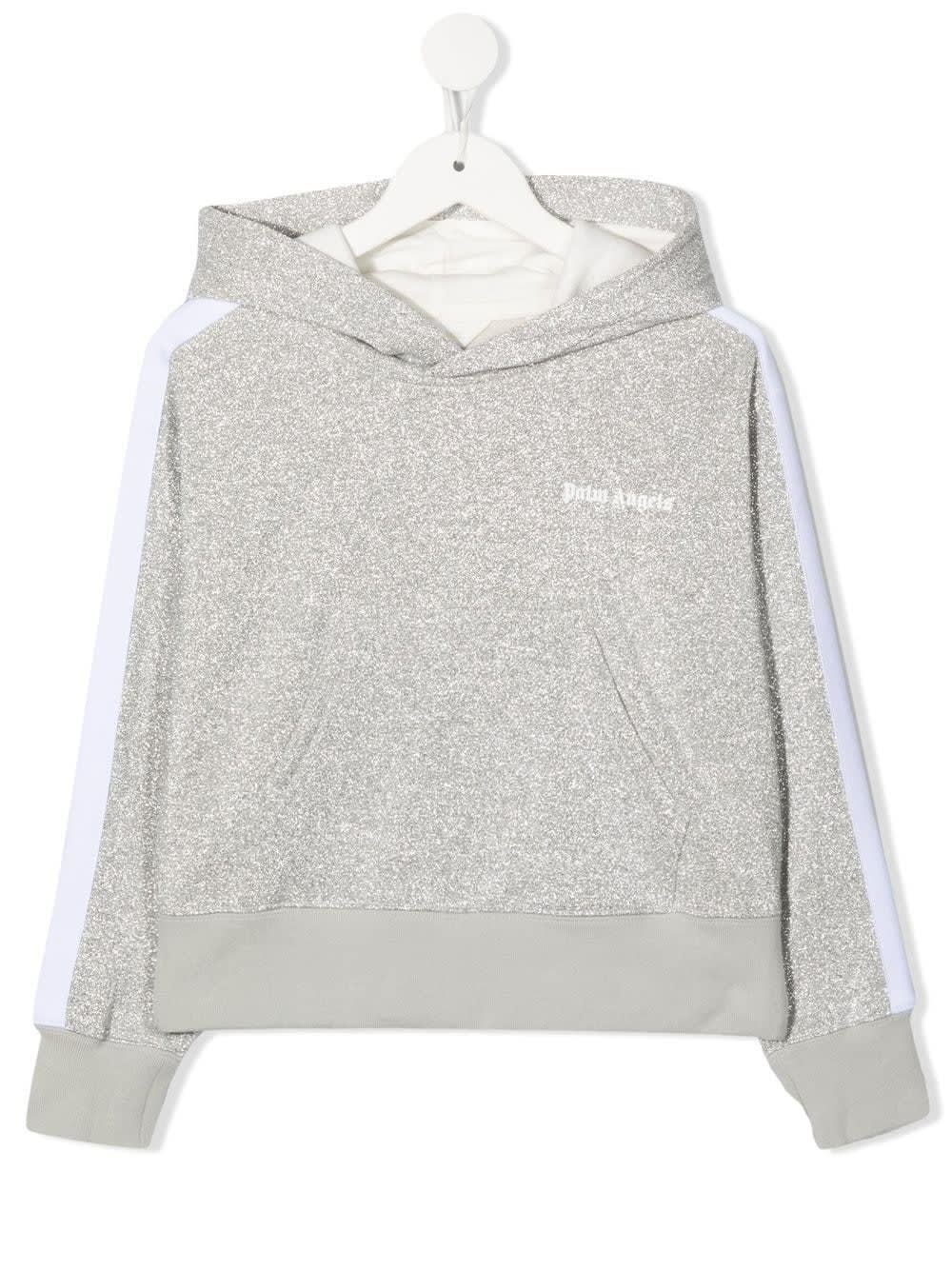 Palm Angels Kids Silver Glitter Hoodie With Contrast Logo And Stripes