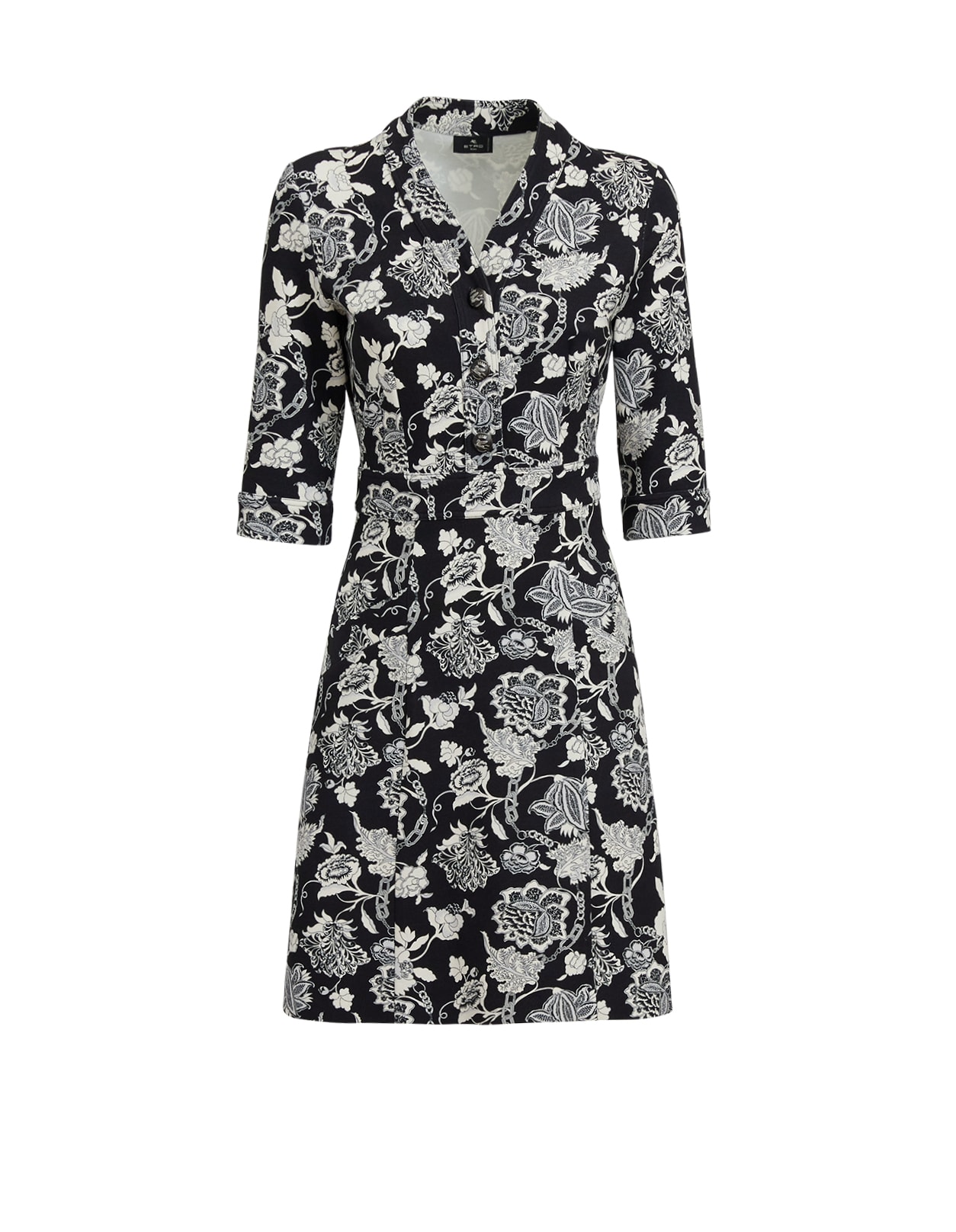 Etro Black And White Short Dress In Jersey With Floral Paisley And Chains