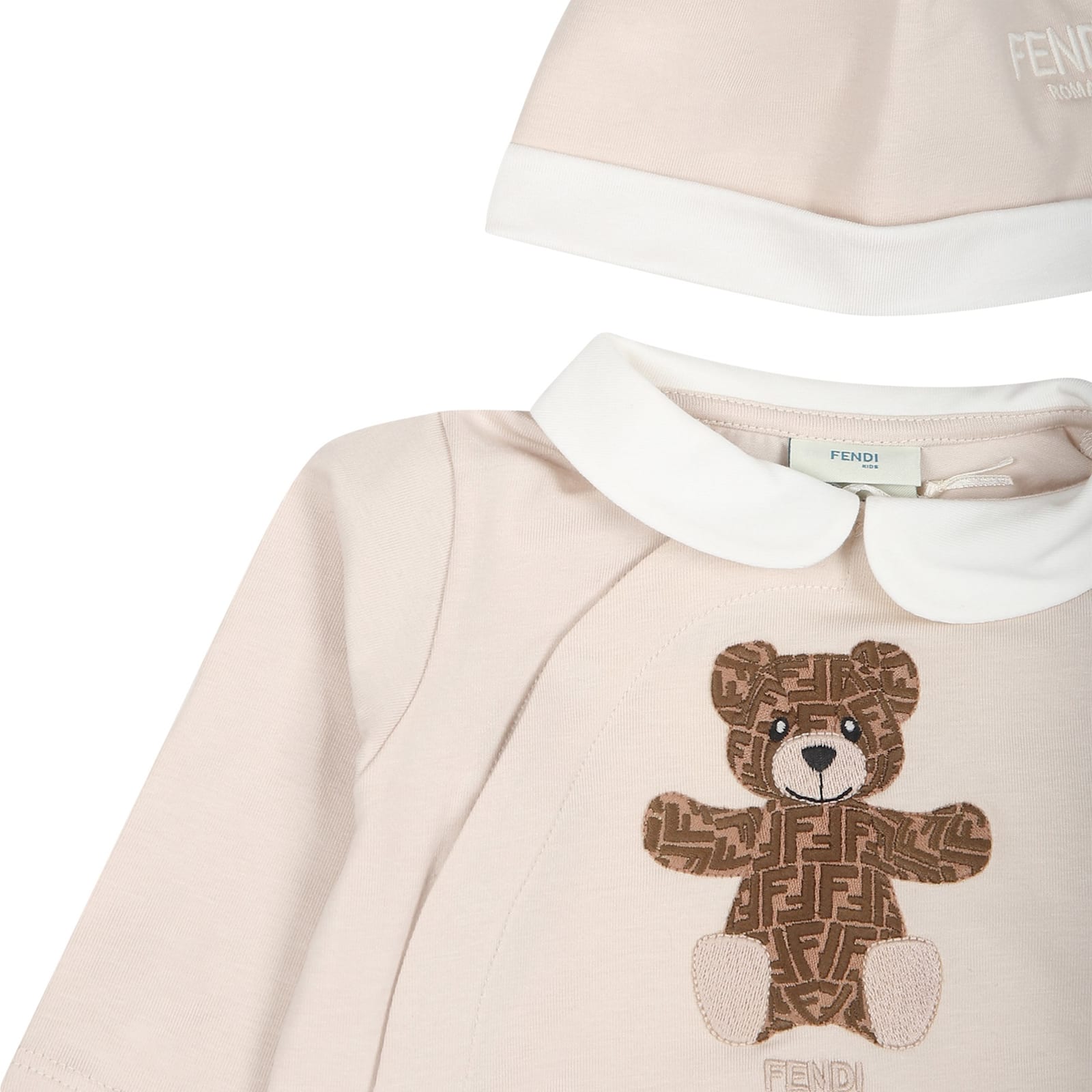 Fendi Beige Ff Teddy Bear Cotton Babysuit Set In Beige
