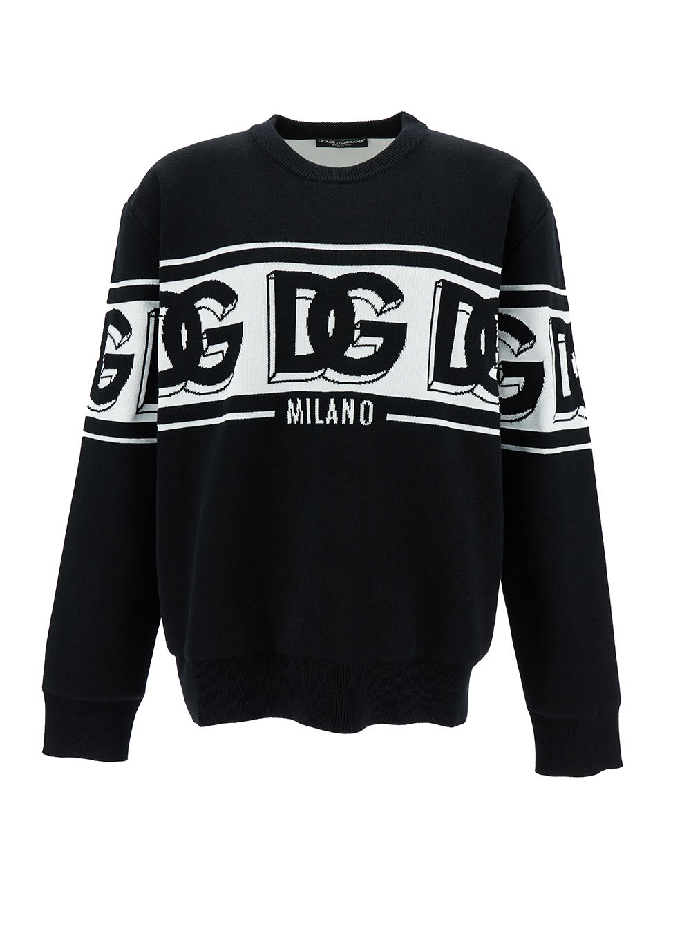 Shop Dolce & Gabbana Black Crewneck Sweater With Dg Motif In Wool Blend Man