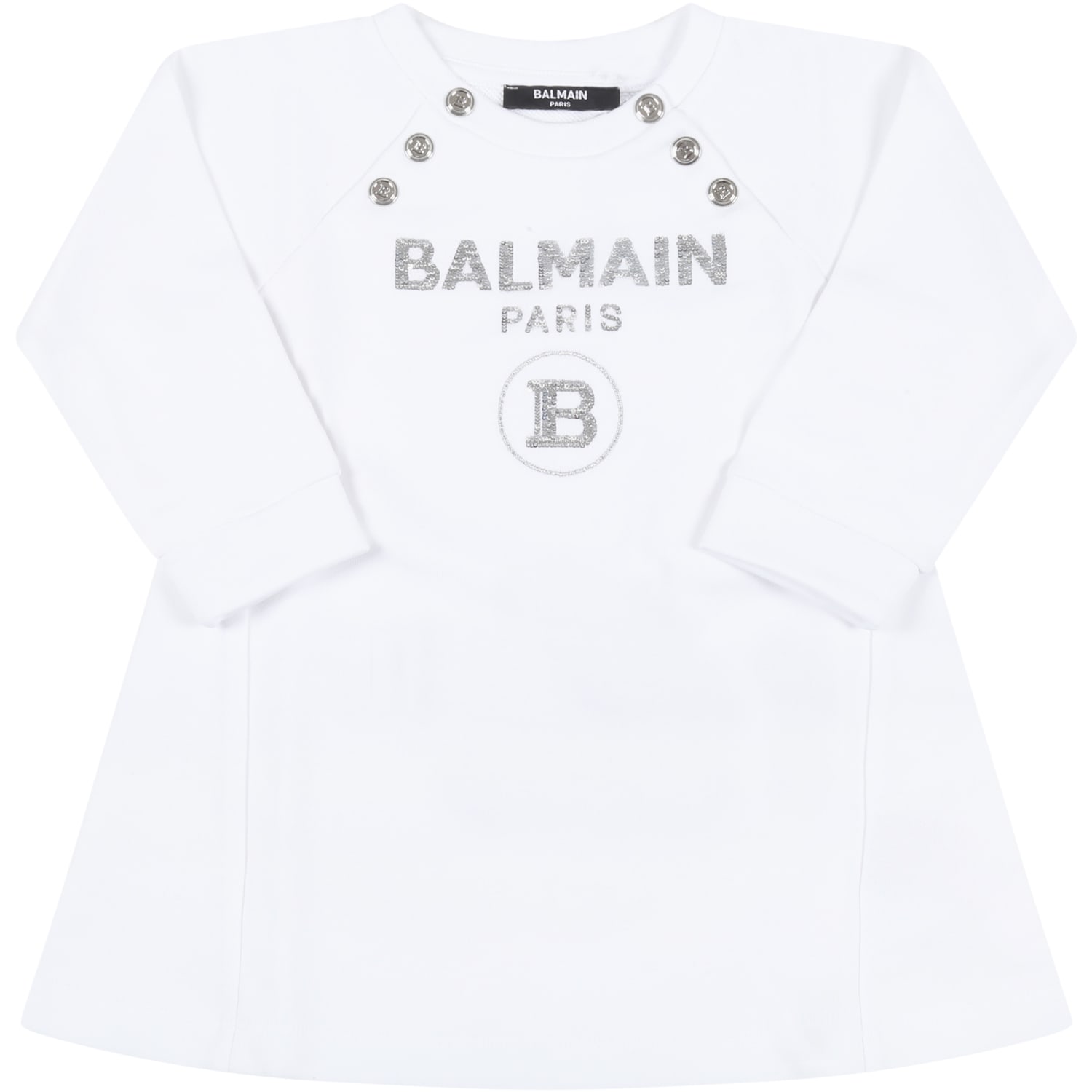 Balmain White Dress For Baby Girl With Silver Logo