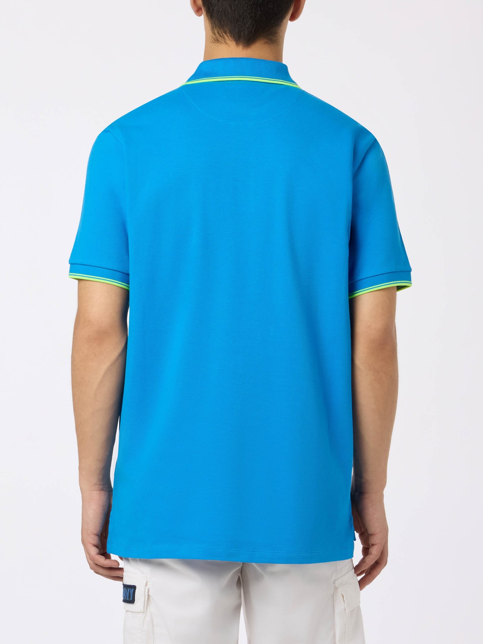Mc2 Saint Barth Man Bluette Cotton Piquet Polo Shirt Beverly Hills With Palm Embroidery In Blue