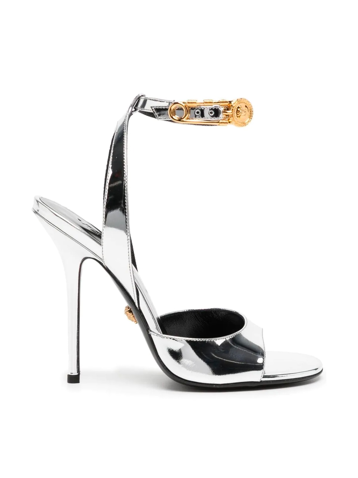 Versace Safety Pin Patent Leather Heeled Sandals In V Silver Gold