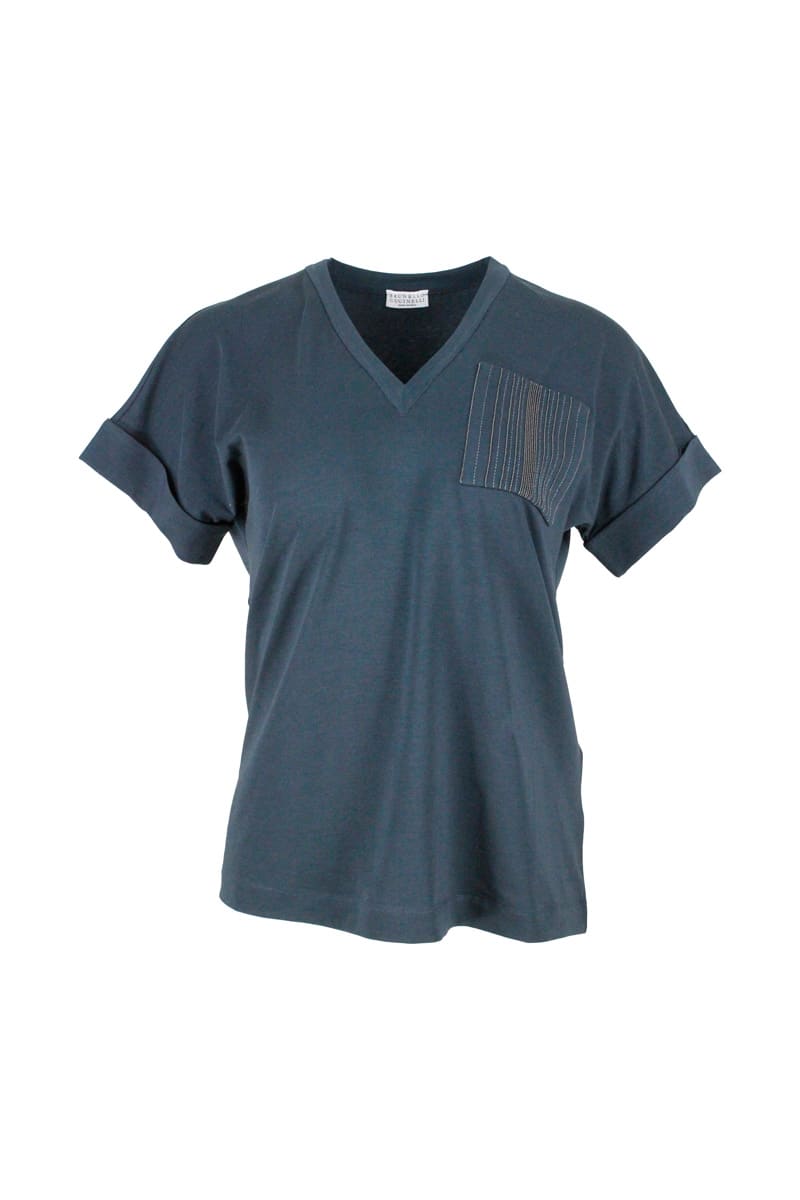 Brunello Cucinelli Short Sleeve V-neck T-shirt With Monili On The Pocket