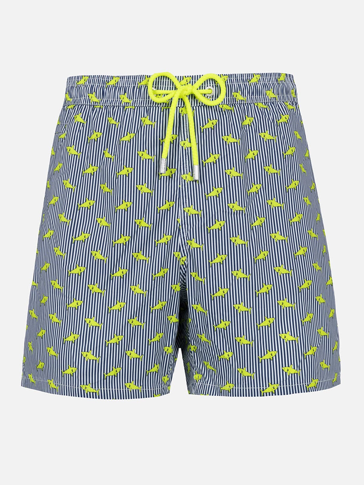 Mc2 Saint Barth Man Comfort Light Swim Shorts With Sharks Print In Blue Navy