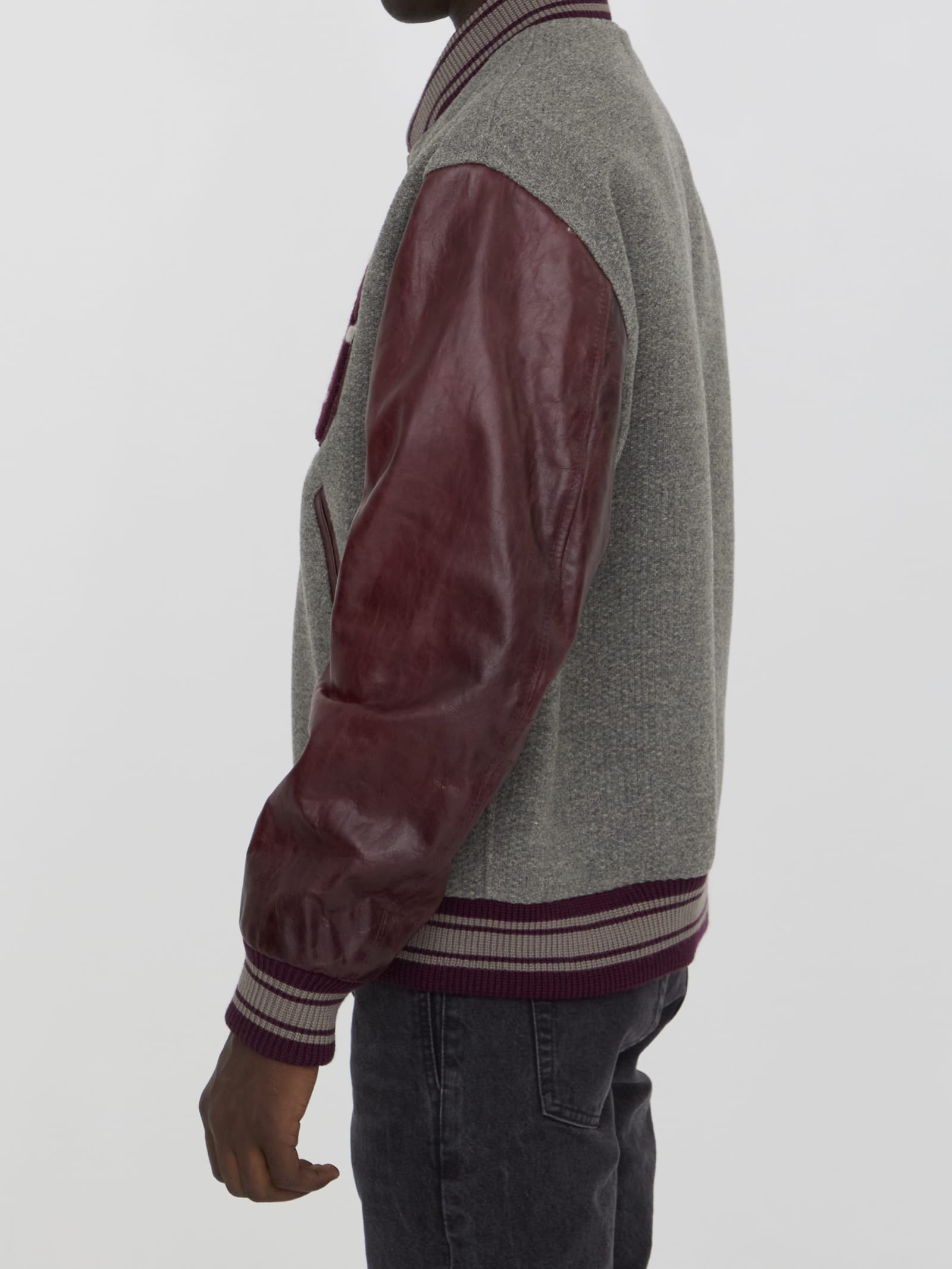 Shop Golden Goose Wool Bomber Jacket With Leather Sleeves In Melange Grey/ Vineyard Wine