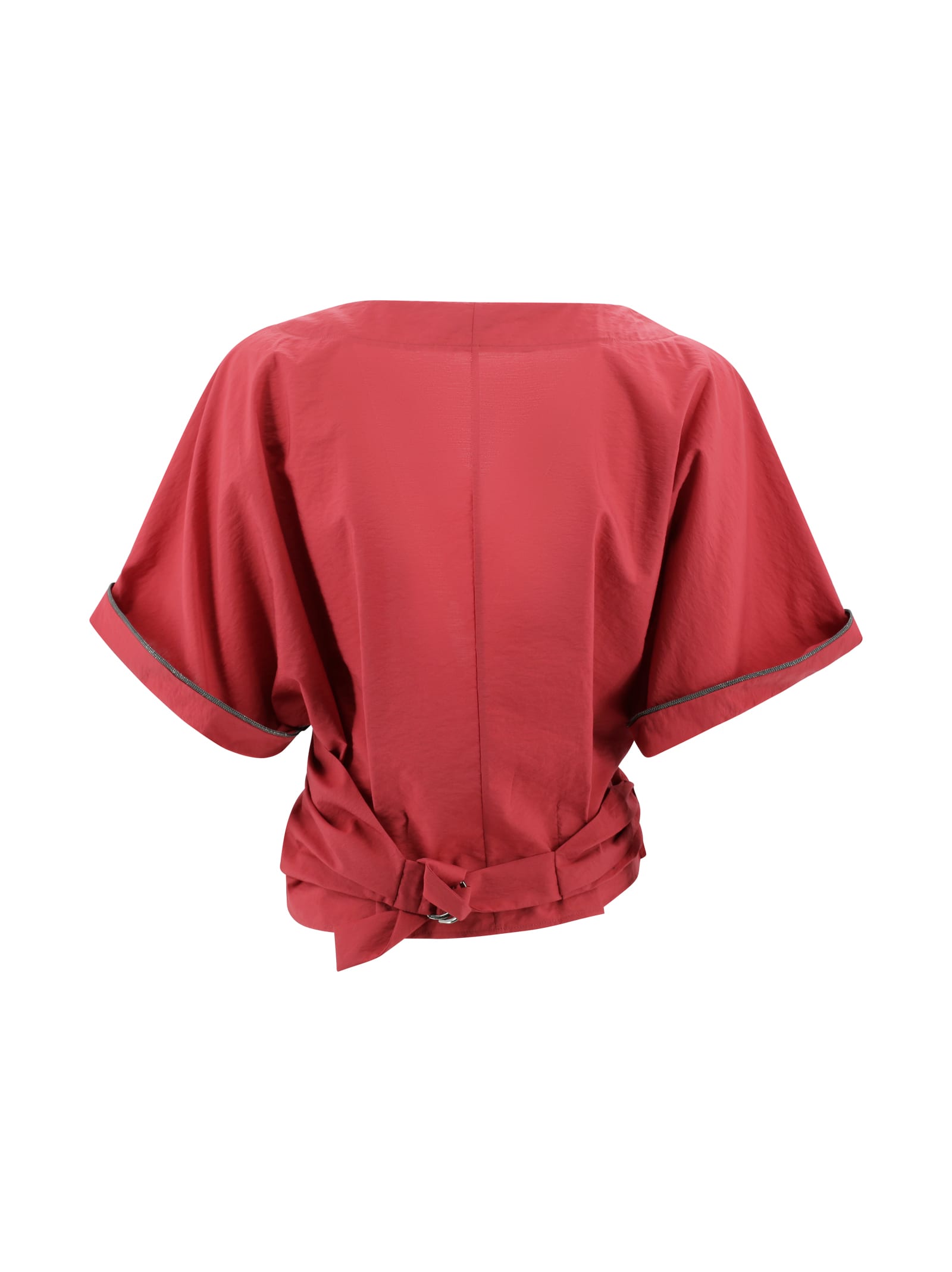Brunello Cucinelli Red Shirt With V-neck And Monili Detail In Cotton Woman In Red