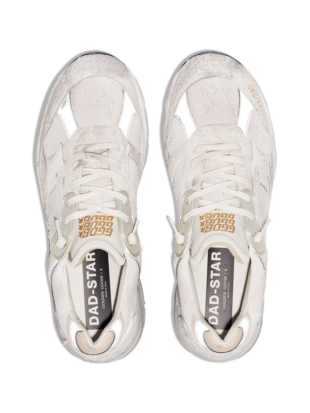 Shop Golden Goose Running Dad Net And Suede Upper Leather Star And Heel Suede Spur In White Silver