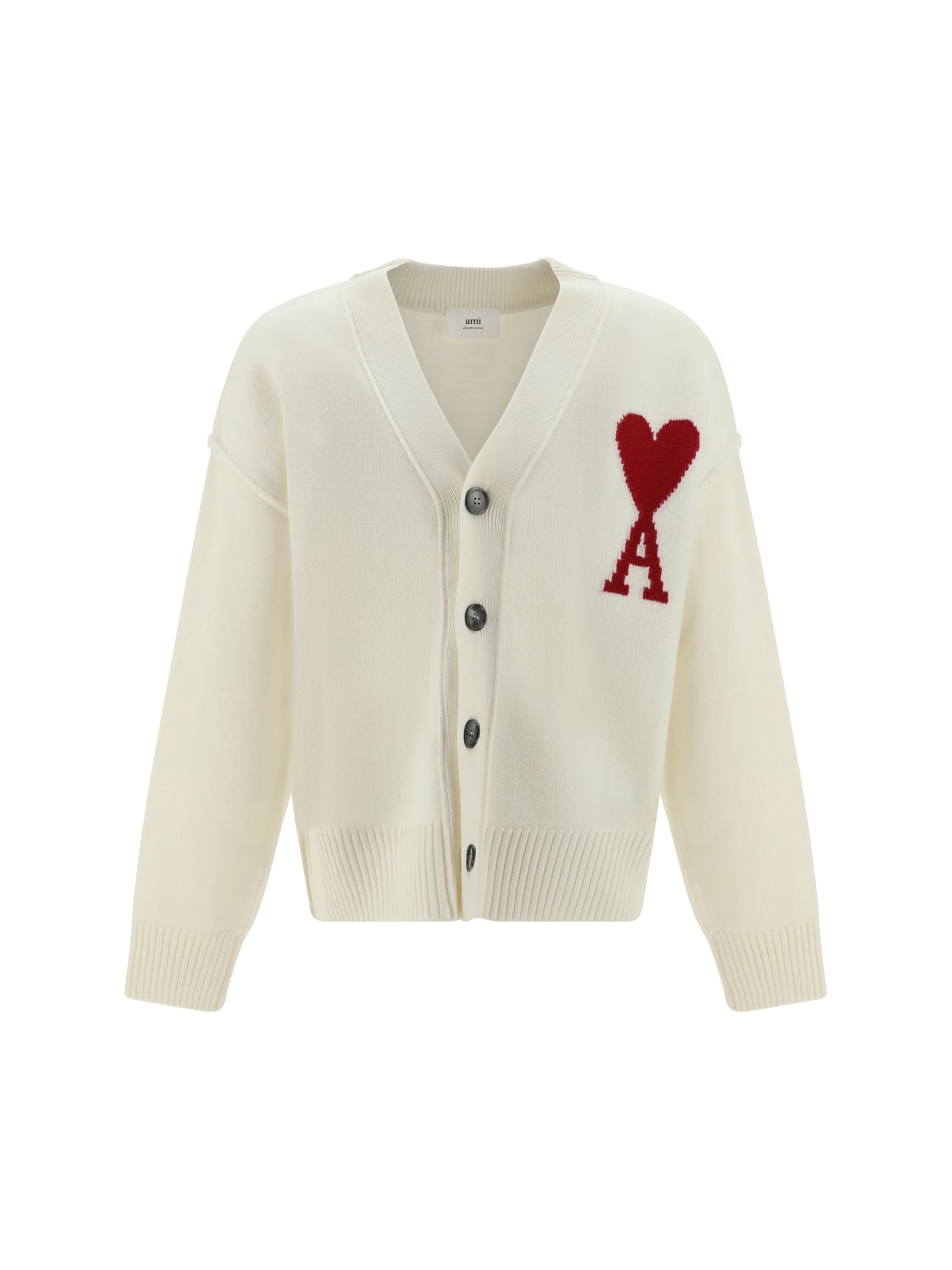 Shop Ami Alexandre Mattiussi Logo Detail Rib Trim Cardigan In Off-white/red
