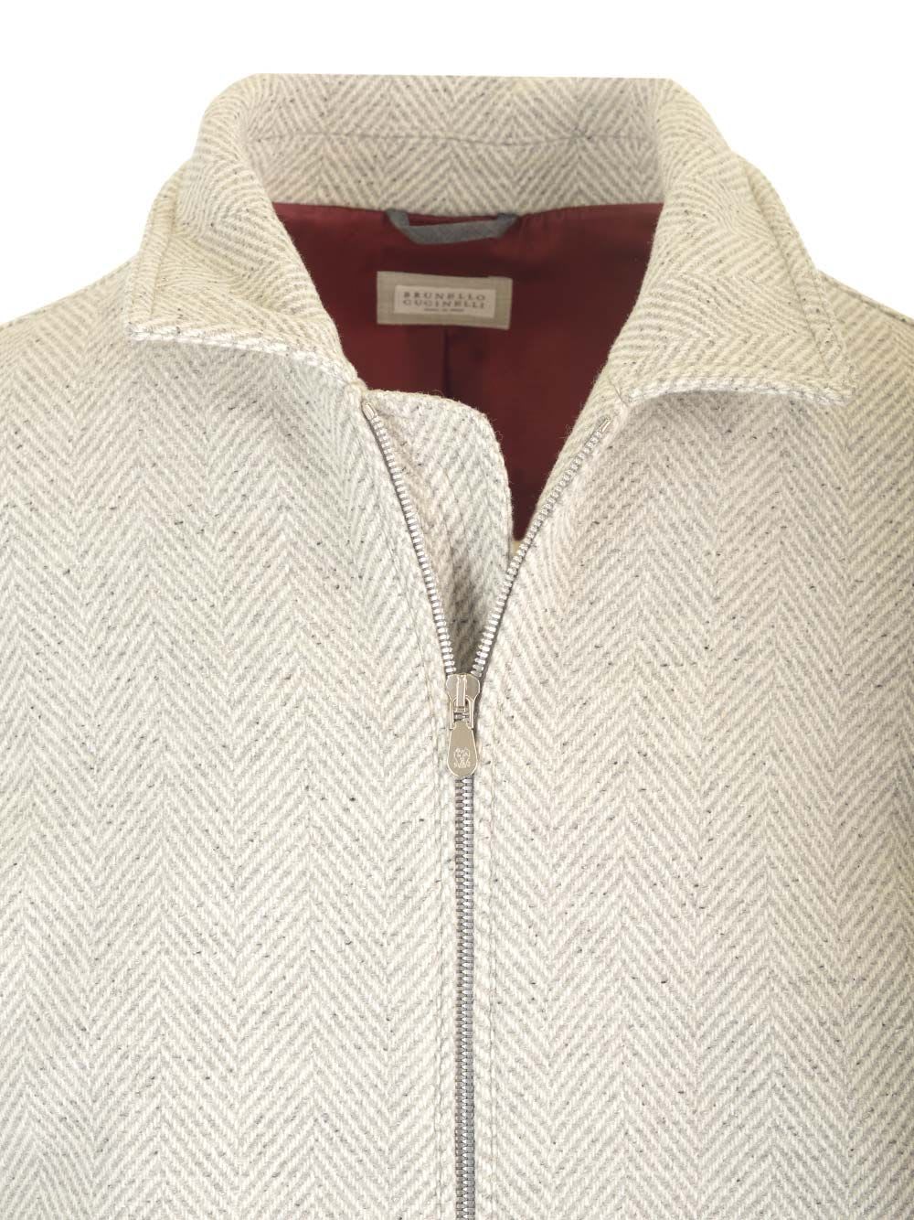 Shop Brunello Cucinelli Bomber Jacket In Wool, Silk And Cashmere Chevron In Grey