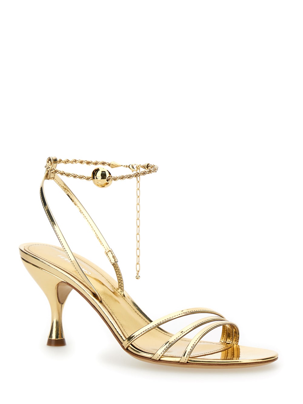 Shop Ferragamo Gold Tone Sandals With Chain In Patent Leather Woman In Metallic