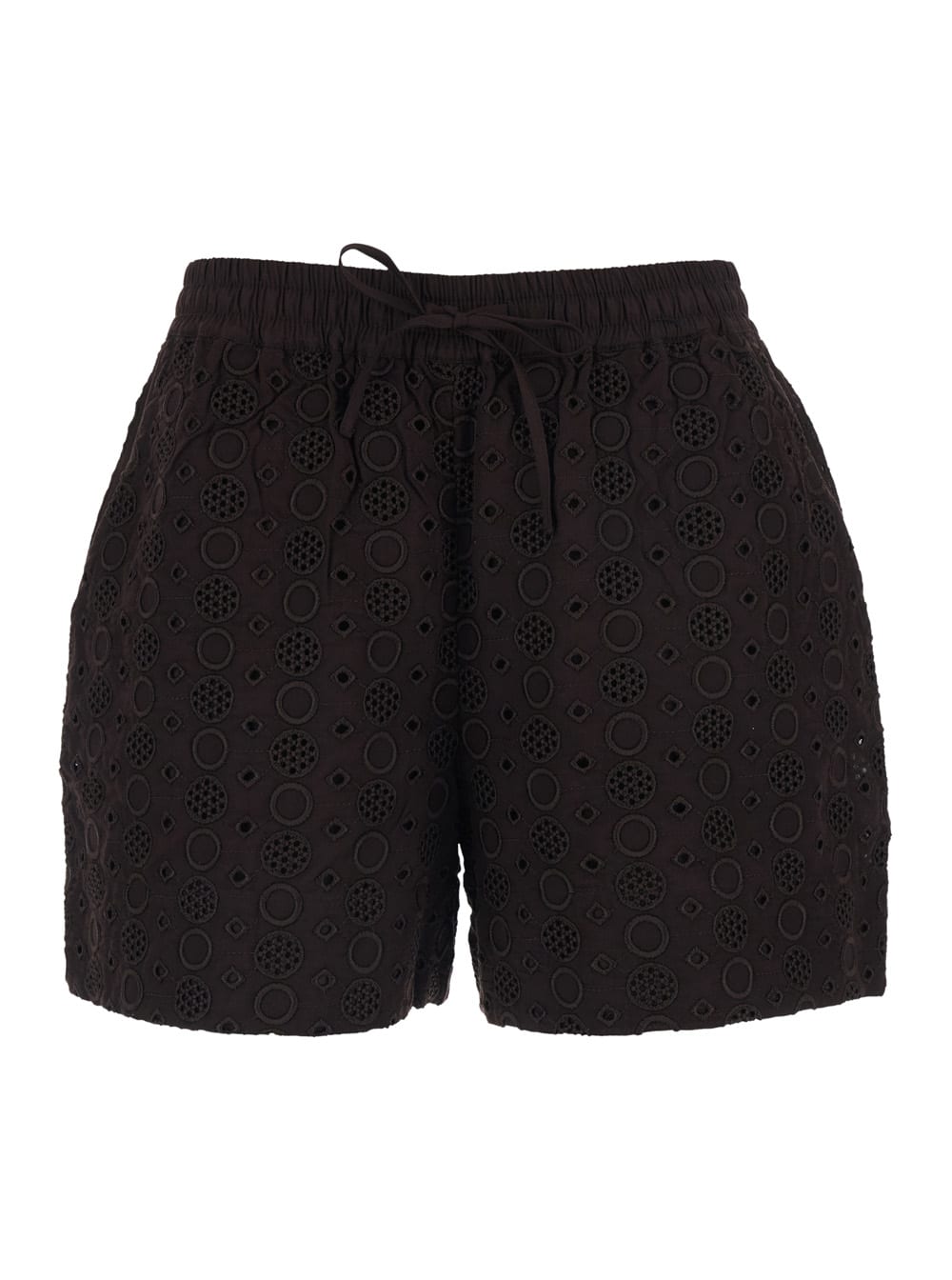 Pinko liz Brown Shorts With Elastic Drawstring Waist And All-over Embroidery In Cotton Woman