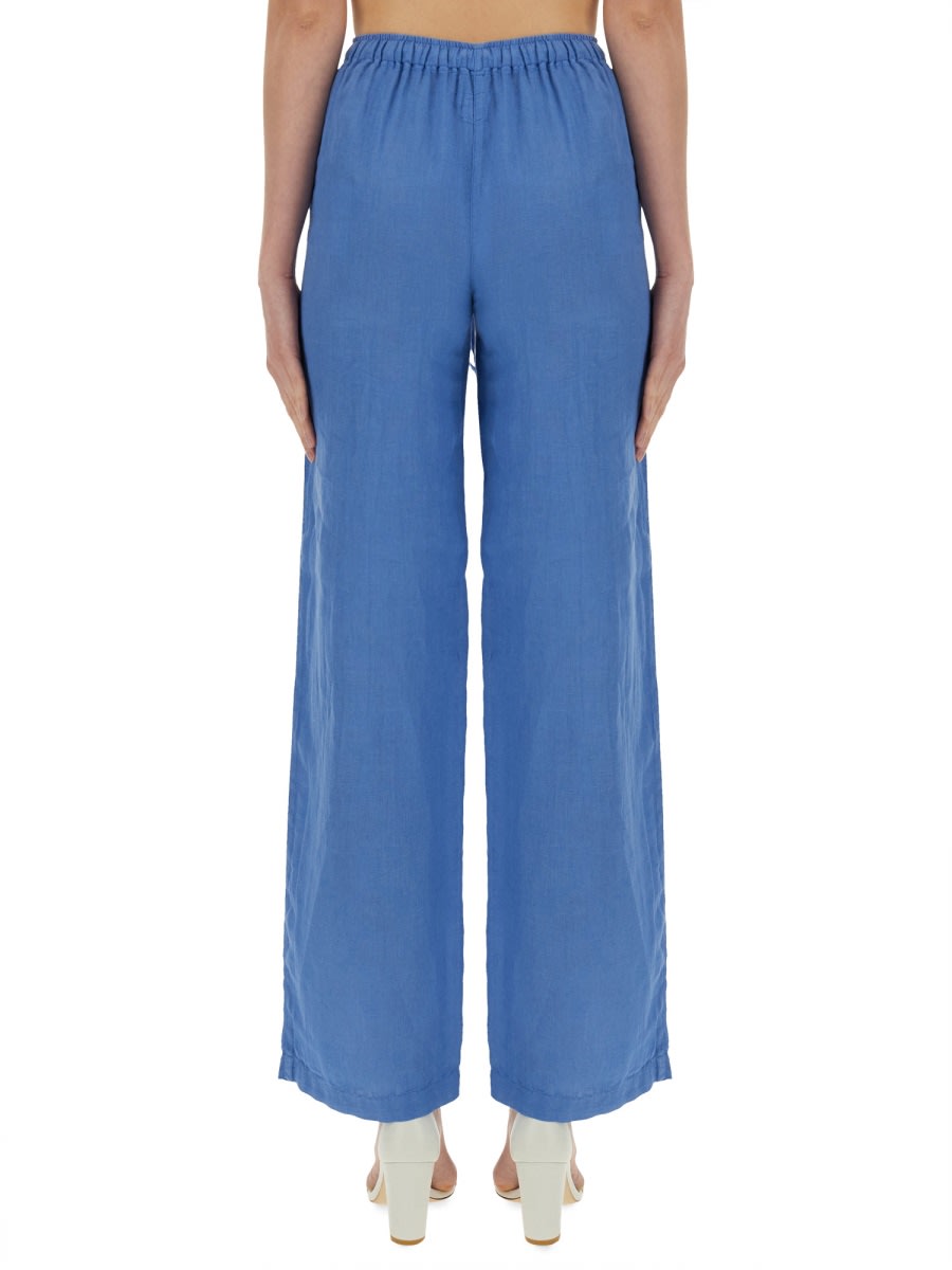 120% Lino Relaxed Wide-leg Linen Pants With Drawstring Waist In Blue