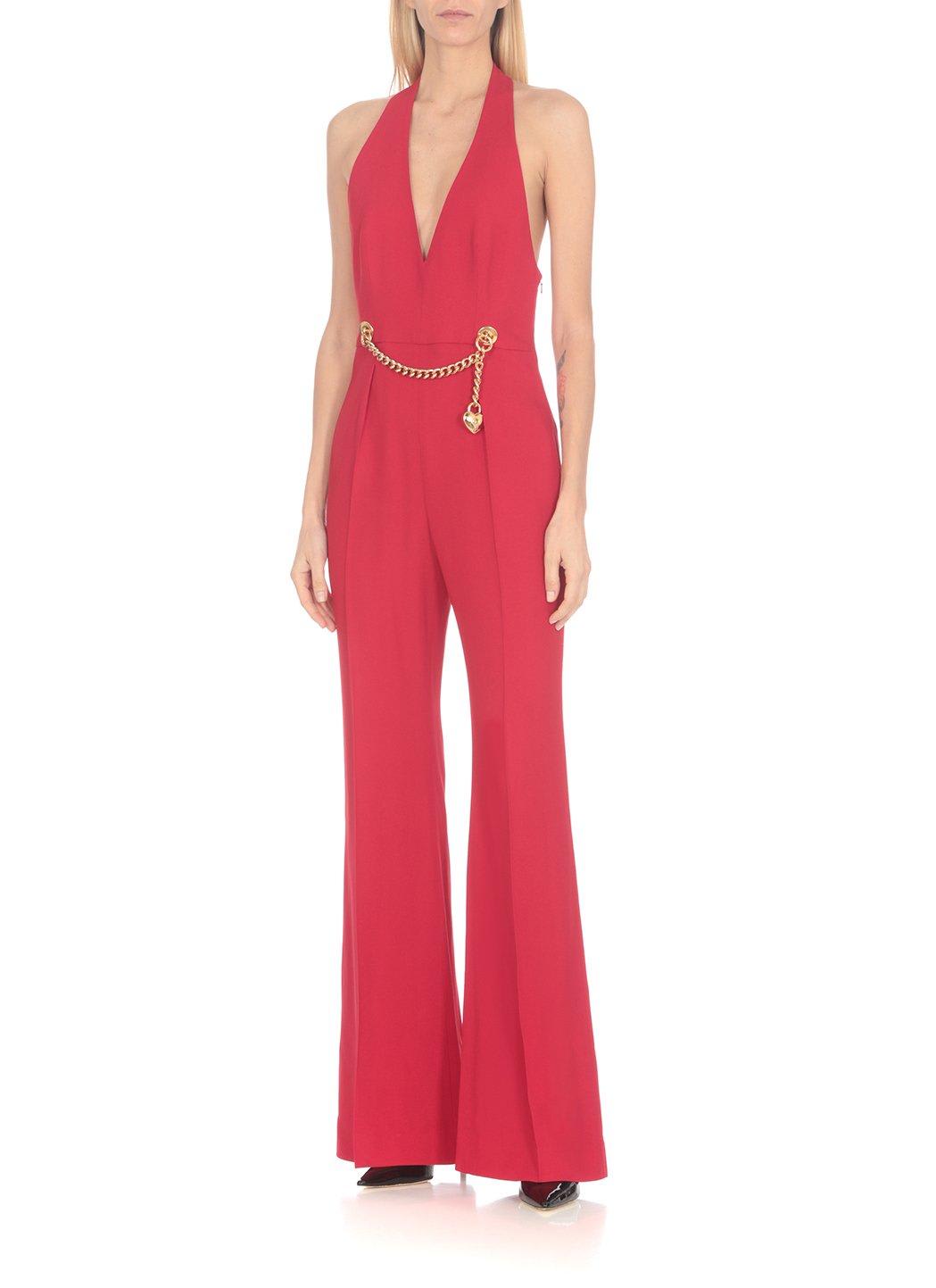 Shop Moschino Chain-embellished Open-back Haltrneck Jumpsuit  In Red