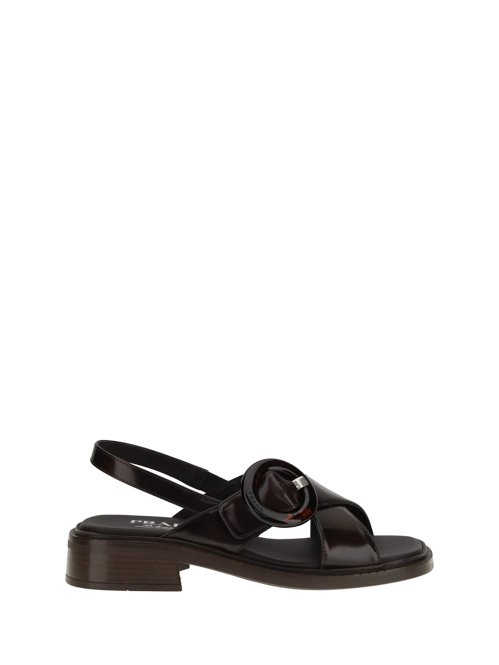 Prada Heel Buckle Glossy Open Toe Sandals In Gray