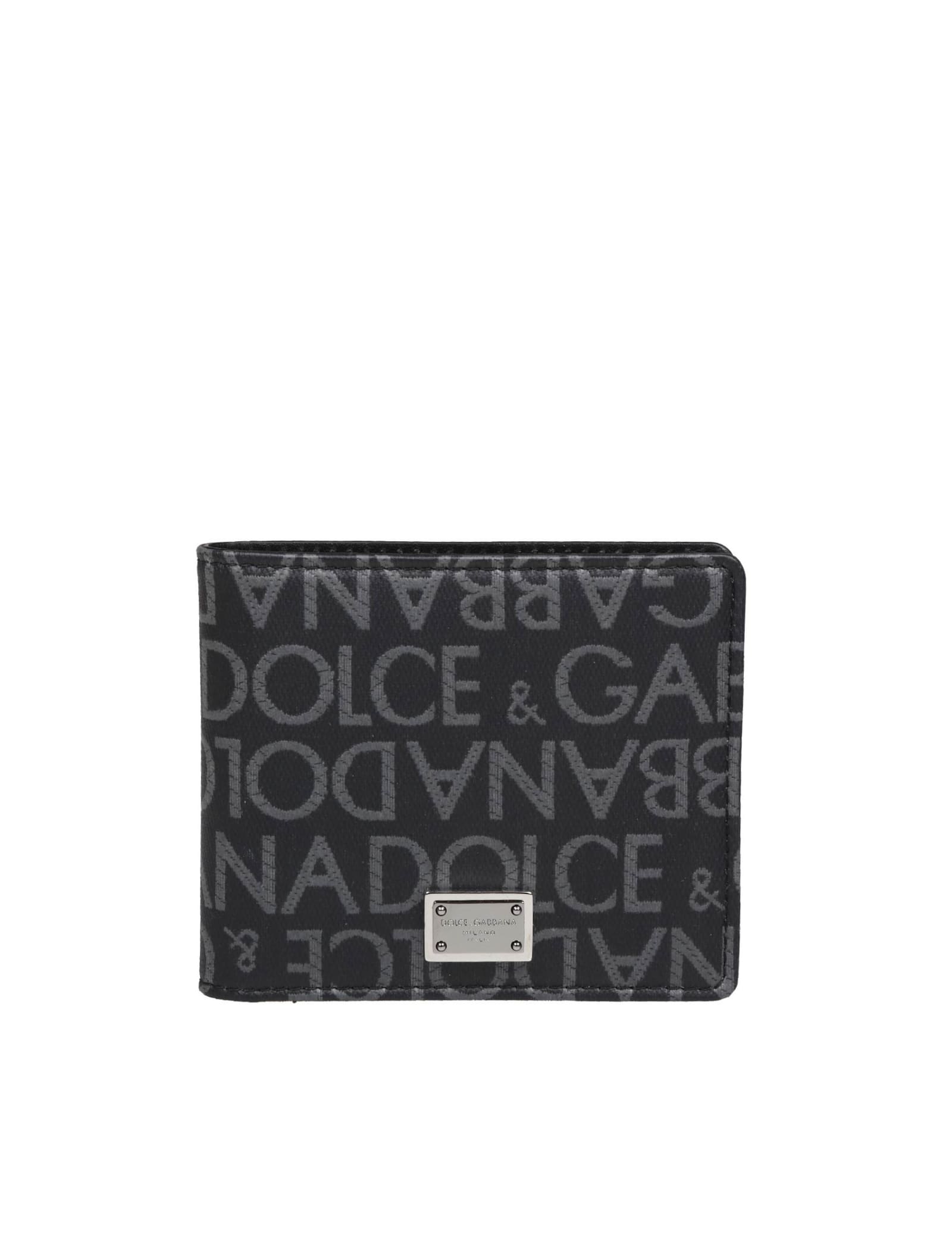 Dolce & Gabbana Wallet In Jacquard Fabric With Logo In Black / Grey