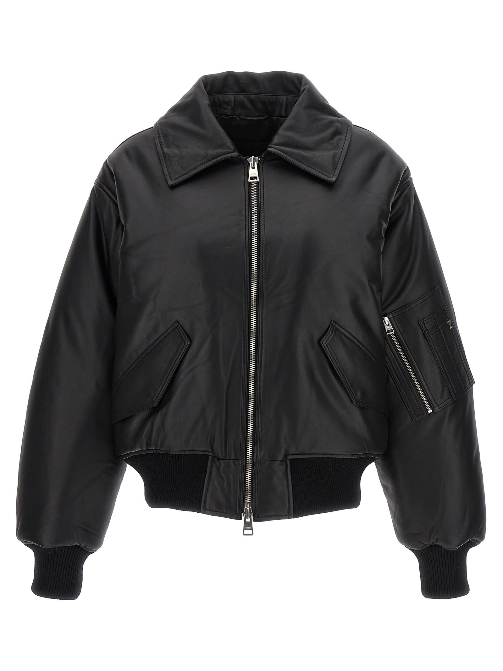Shop Ami Alexandre Mattiussi Leather Bomber Jacket In Black