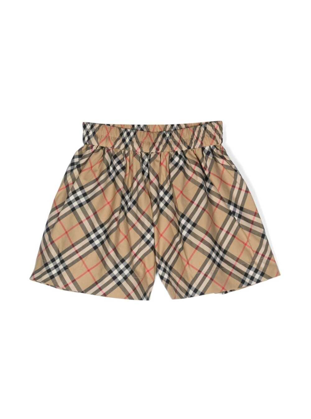 Shop Burberry Beige Shorts With Check Print In Stretch Cotton Girl