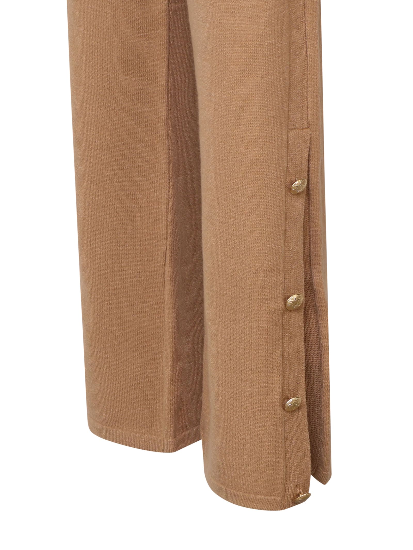 Shop Mariuccia Milano Knitted Trousers With Decorative Gold Buttons In Brown