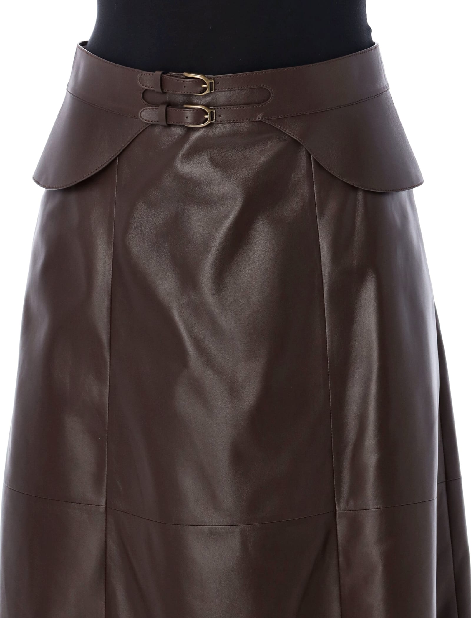 Shop Ralph Lauren Godet Selleria Midi Leather Skirt In Brown Moka