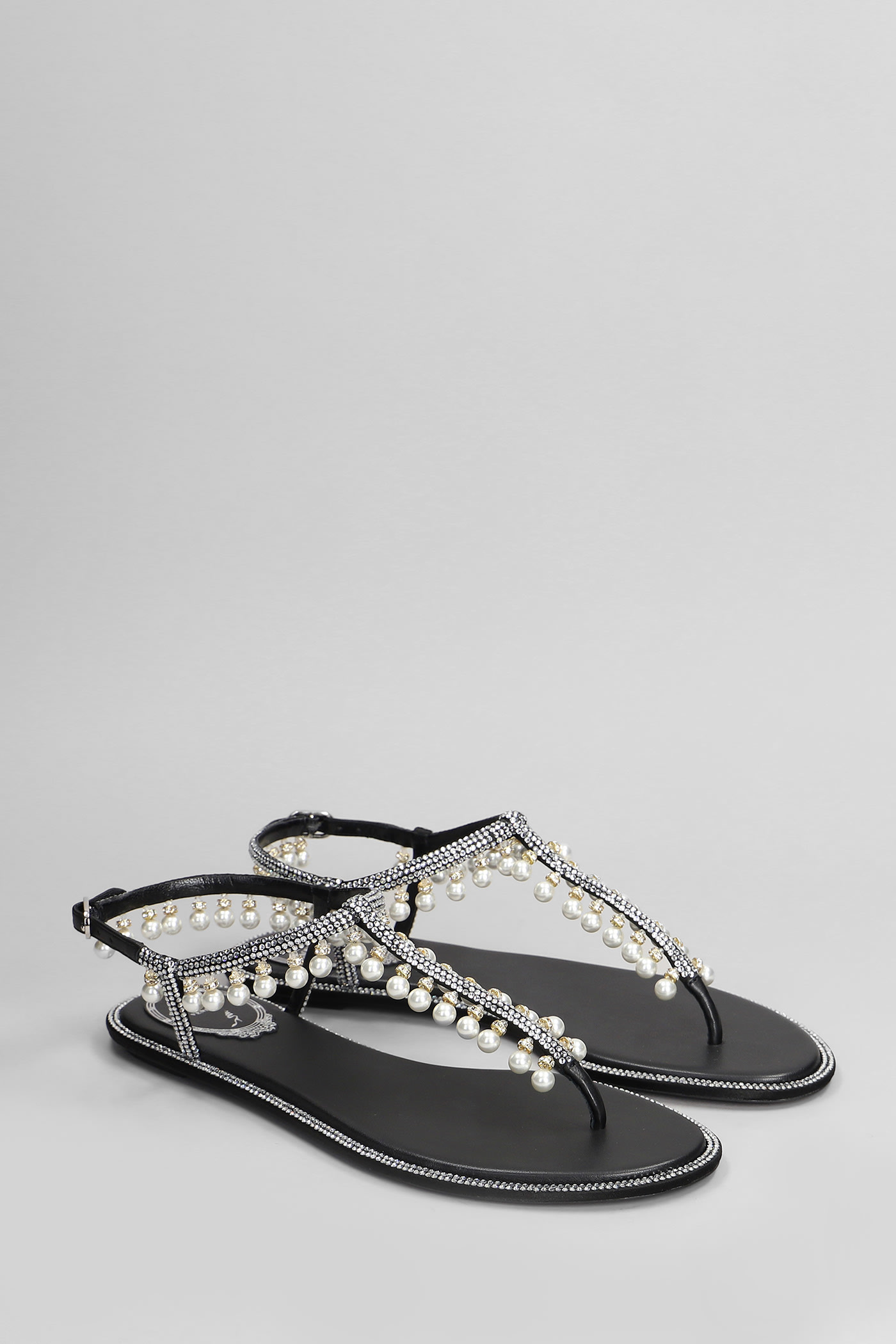René Caovilla Flat Sandals Adorned Open Toe In Black