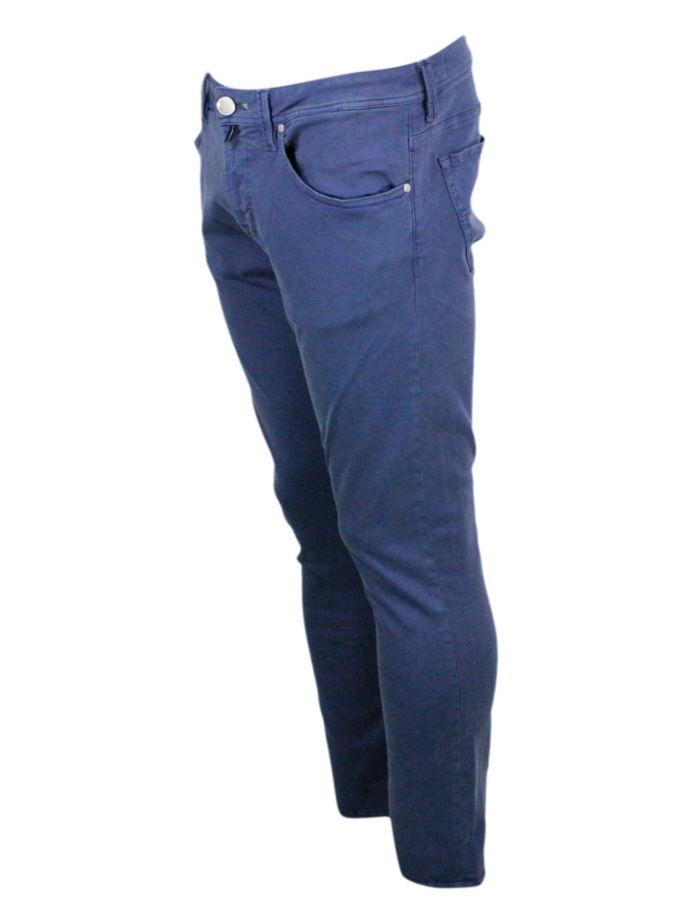 Shop Sartoria Tramarossa Leonardo Slim Zip Trousers In Soft Cotton With 5 Pockets With Tailored Stitching And Suede Tab. Zip  In Blu Light